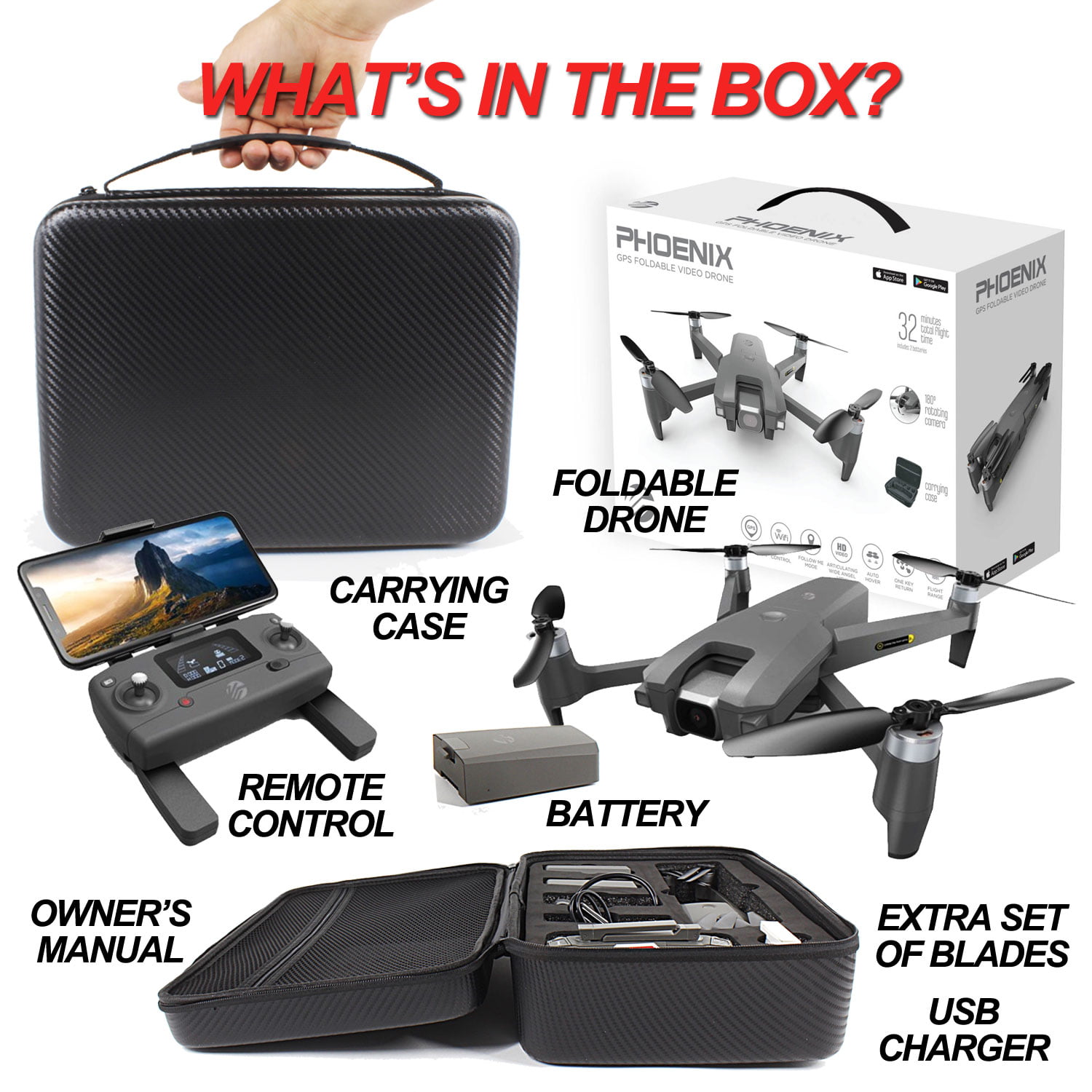 Vivitar VTI Phoenix Foldable Gray Camera Drone. GPS Drone with WiFi. 32 Mins Flight Time 2000 ft Range and Carrying Case. sized 10.3″ x 5.7″ x 13.3″