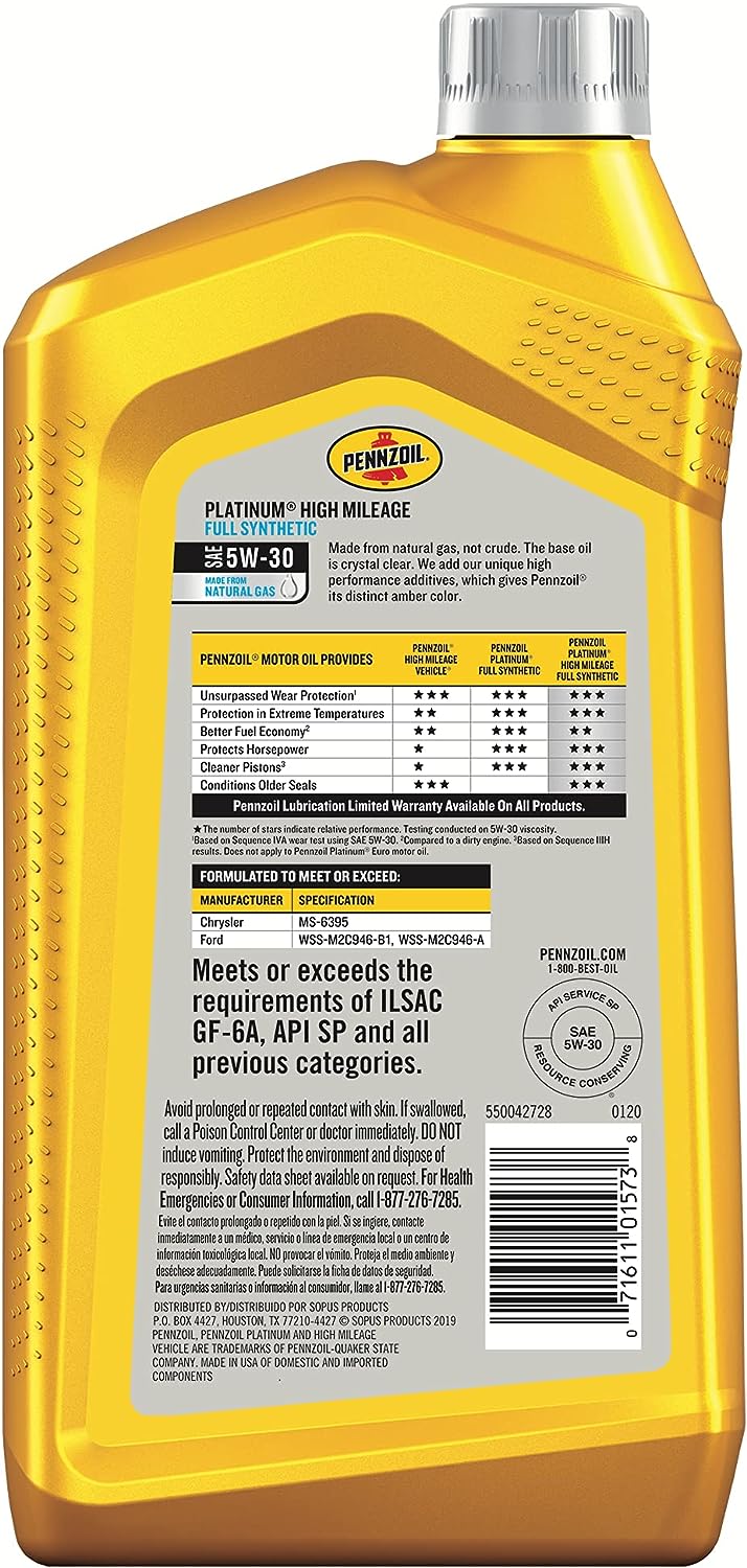 Pennzoil Platinum High Mileage Full Synthetic 5W-30 Motor Oil for Vehicles Over 75K Miles (1-Quart. Case of 6)