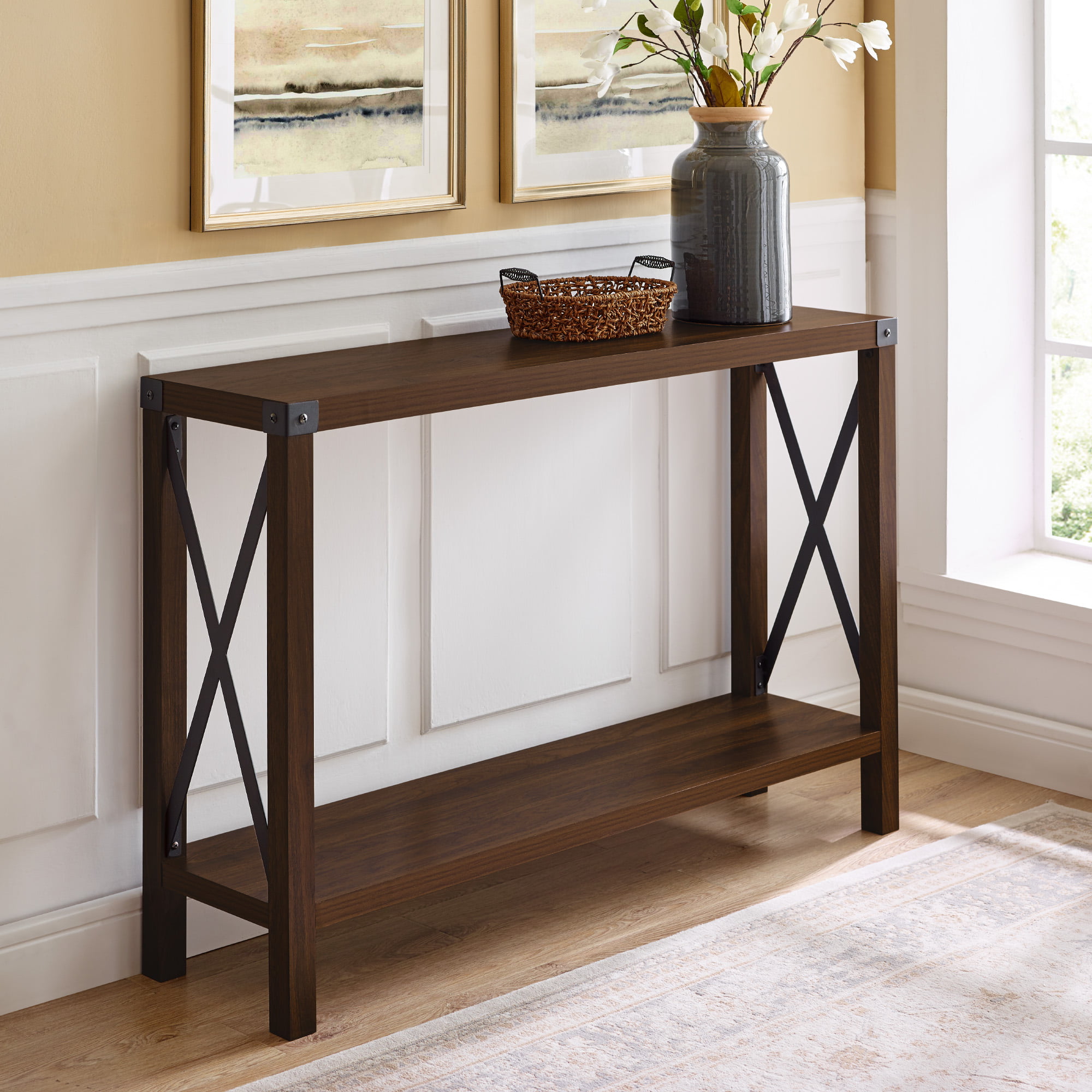 Woven Paths Magnolia Metal X Console Table. Dark Walnut
