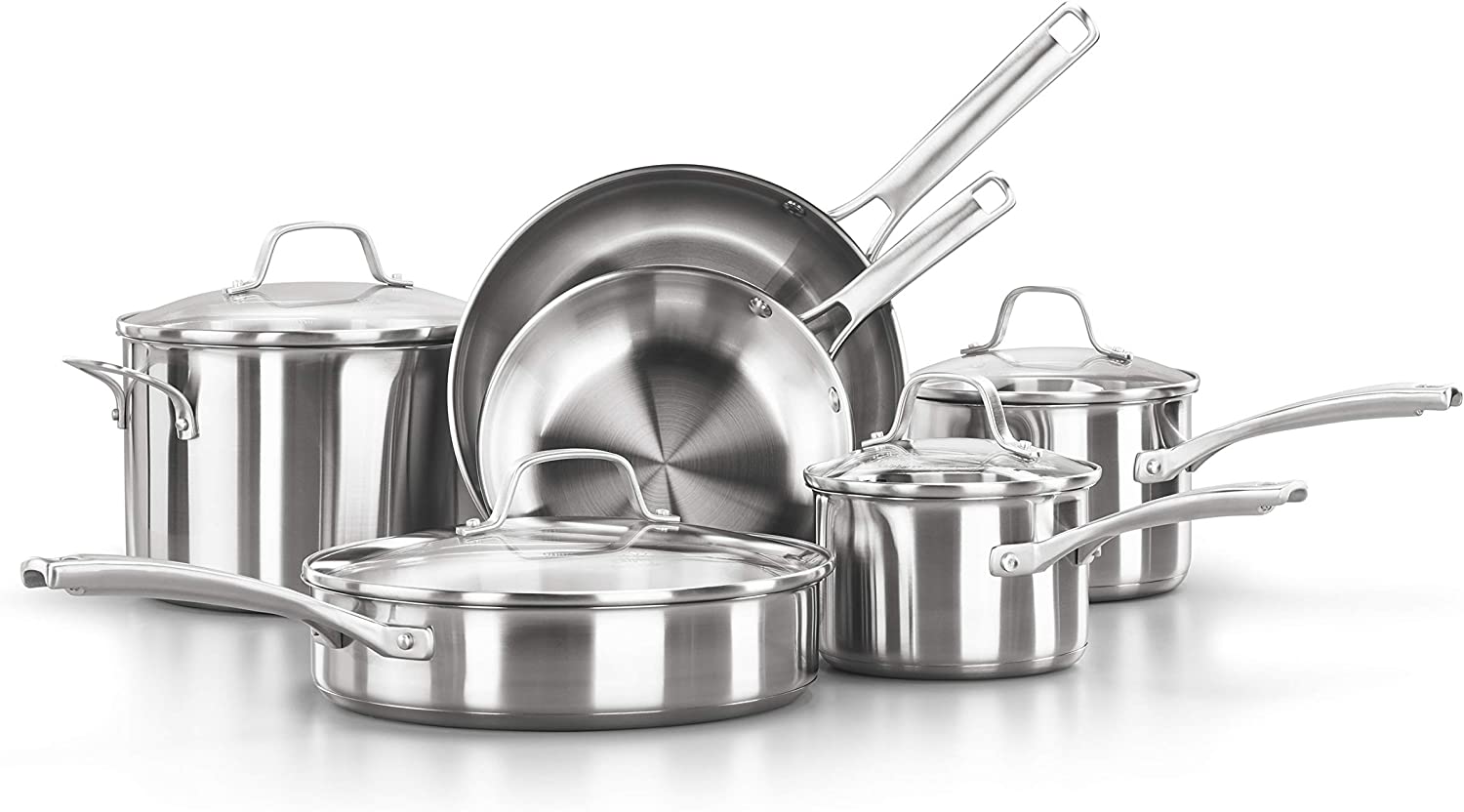 Calphalon 10-Piece Pots and Pans Set. Stainless Steel Kitchen Cookware with Stay-Cool Handles and Pour Spouts. Dishwasher Safe. Silver