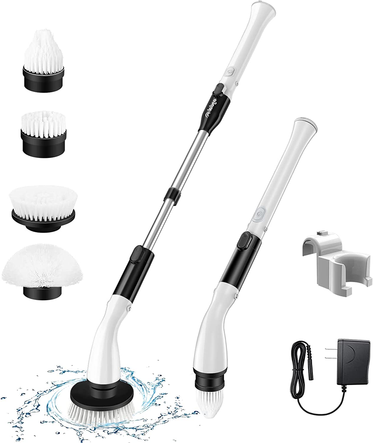 LABIGO Electric Spin Scrubber. with 4 Replaceable Brush Heads and Adjustable Extension Handle. Power Cordless Spin Scrubber for Bathroom Stone Tile Floor.Grout.Grooves(Black)