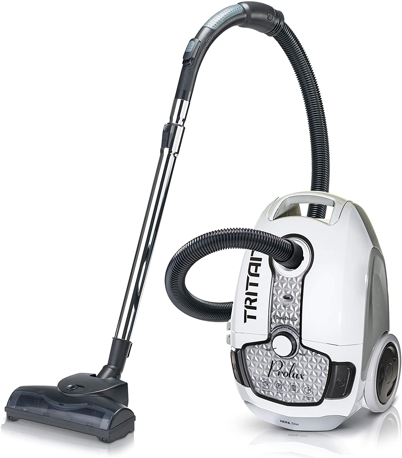 Prolux Tritan Bagged Canister Vacuum Cleaner with HEPA Filtration and Complete Home Care Tool Kit. Tritan White