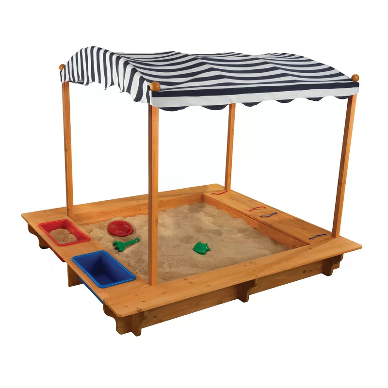 KidKraft Outdoor Covered Wooden Sandbox with Bins and Striped Canvas Canopy. Kids- Outdoor Furniture. Navy & White. Gift for Ages 2-8