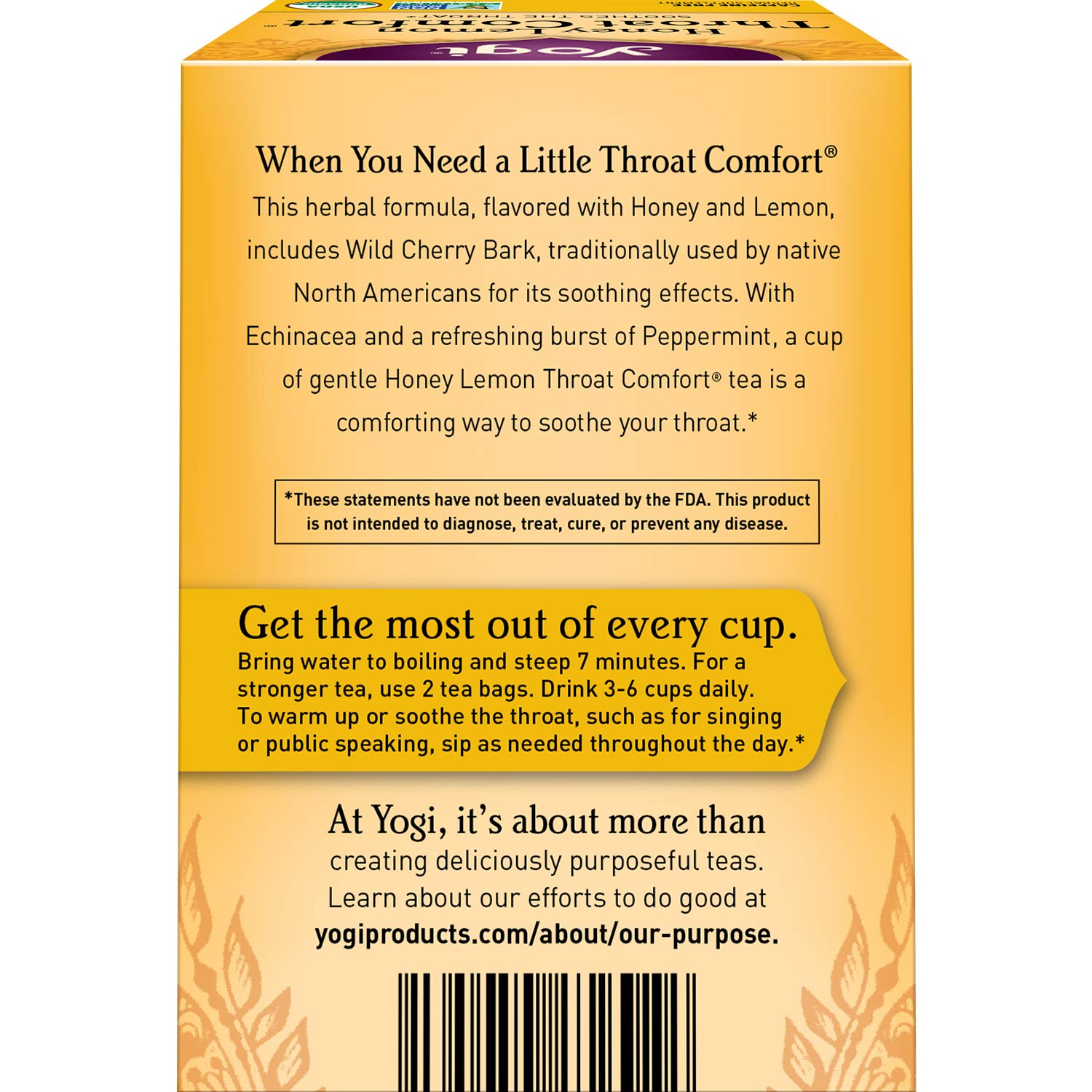 Yogi Tea Honey Lemon Throat Comfort. 6 Pack. Soothes the Throat. 96 Tea Bags
