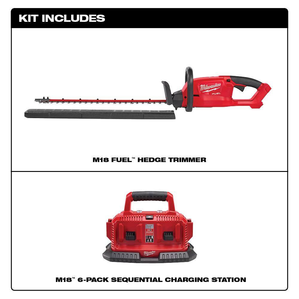 Milwaukee 2726-20-48-59-1806 M18 FUEL 18V Lithium-Ion Brushless Cordless Hedge Trimmer with M18 6-Port Sequential Battery Charger
