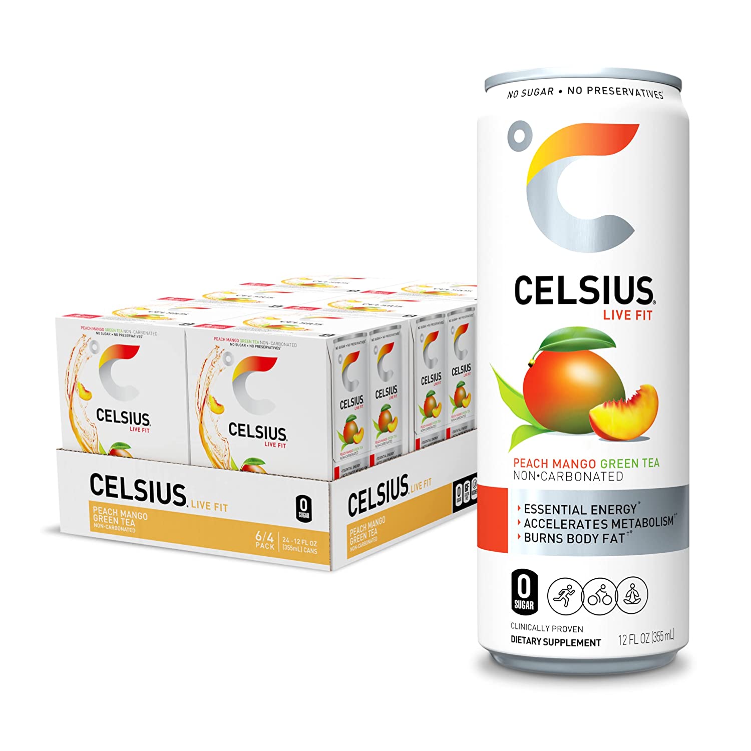 CELSIUS Essential Energy Drink 12 Fl Oz. Peach Mango Green Tea (Pack of 24)