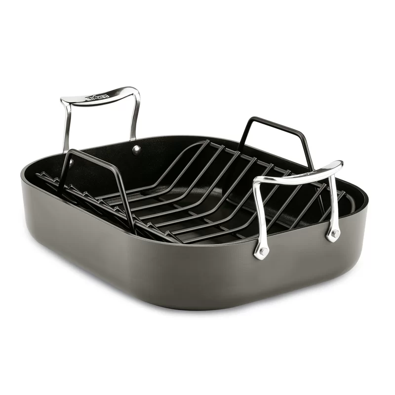 All-Clad H9112S84 Essentials Nonstick Hard Anodized Small Roaster with Rack. 11 X 14 inch. Black
