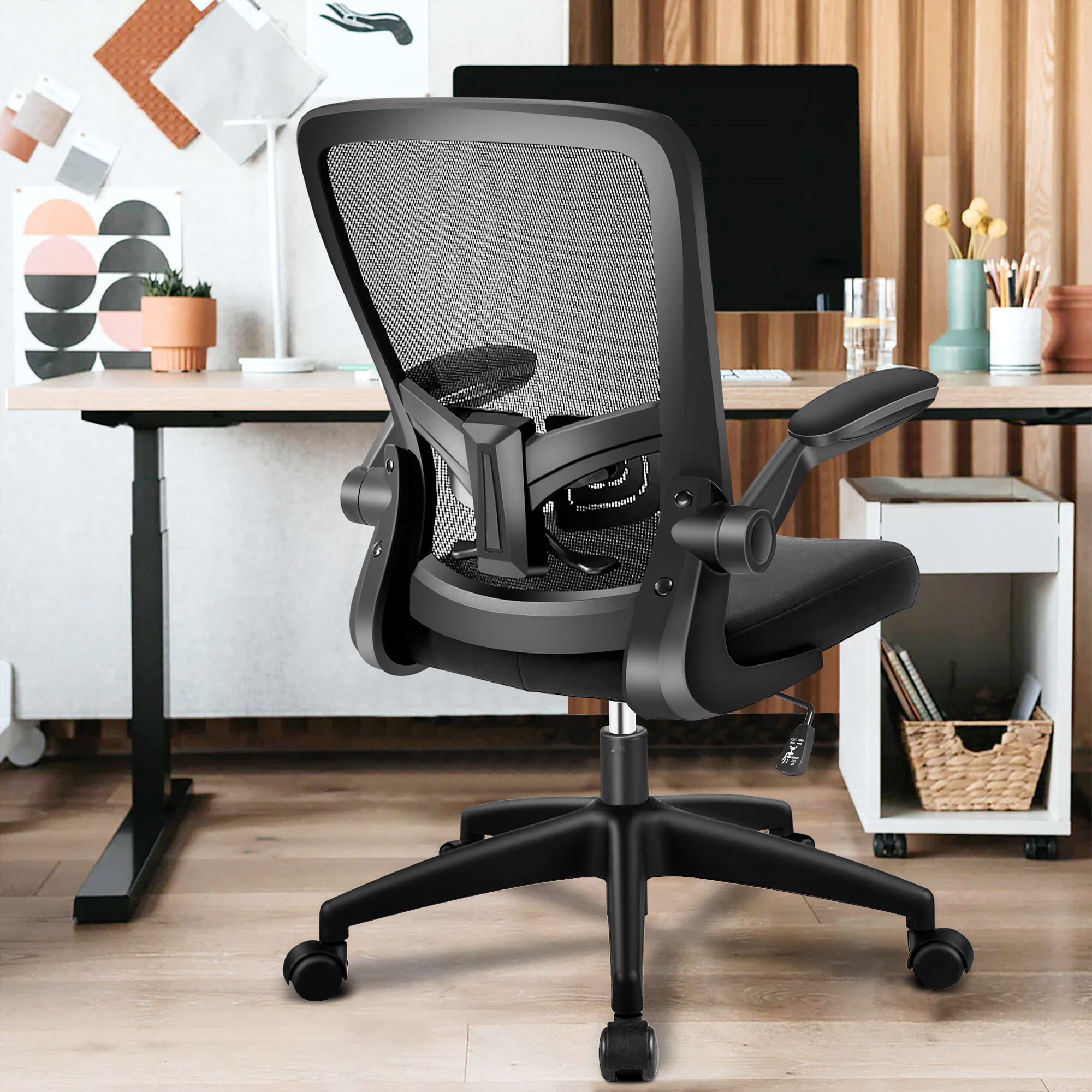 Coolhut Ergonomic Office Chair. Comfort Desk Chair with Adjustable Lumbar Support and Flip up Arms. 300lb. Black