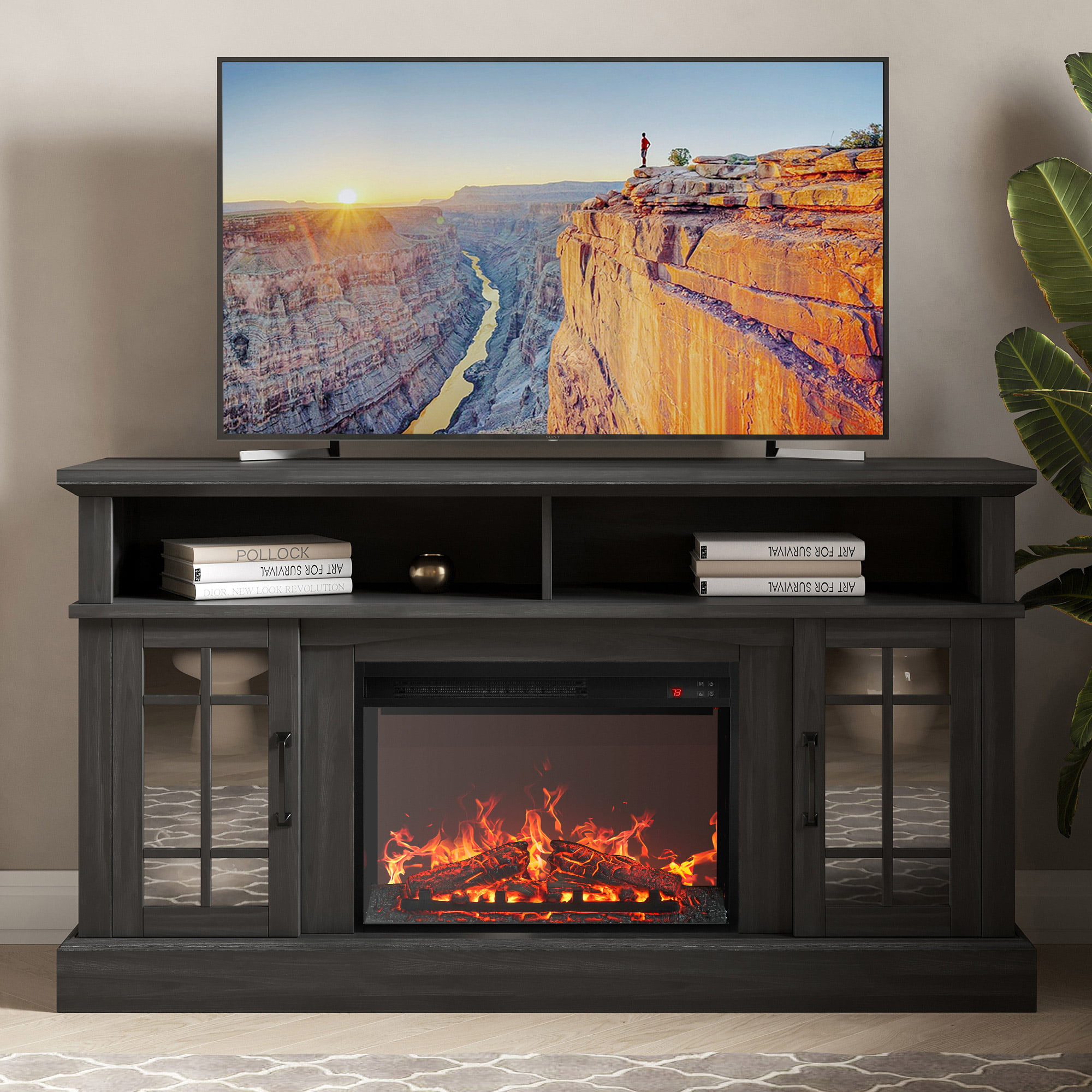 BELLEZE  58″ TV Stand with 23″ Electric Fireplace. Fireplace TV Console for TVs up to 65″. Home Entertainment Center with Storage Cabinet and Adjustable Shelves - Astorga (Rustic Grey)