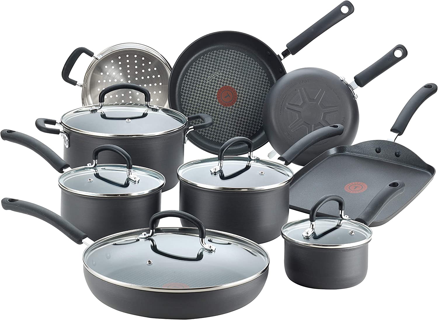 T-fal Ultimate Hard Anodized Nonstick Cookware Set 14 Piece Pots and Pans. Dishwasher Safe Black