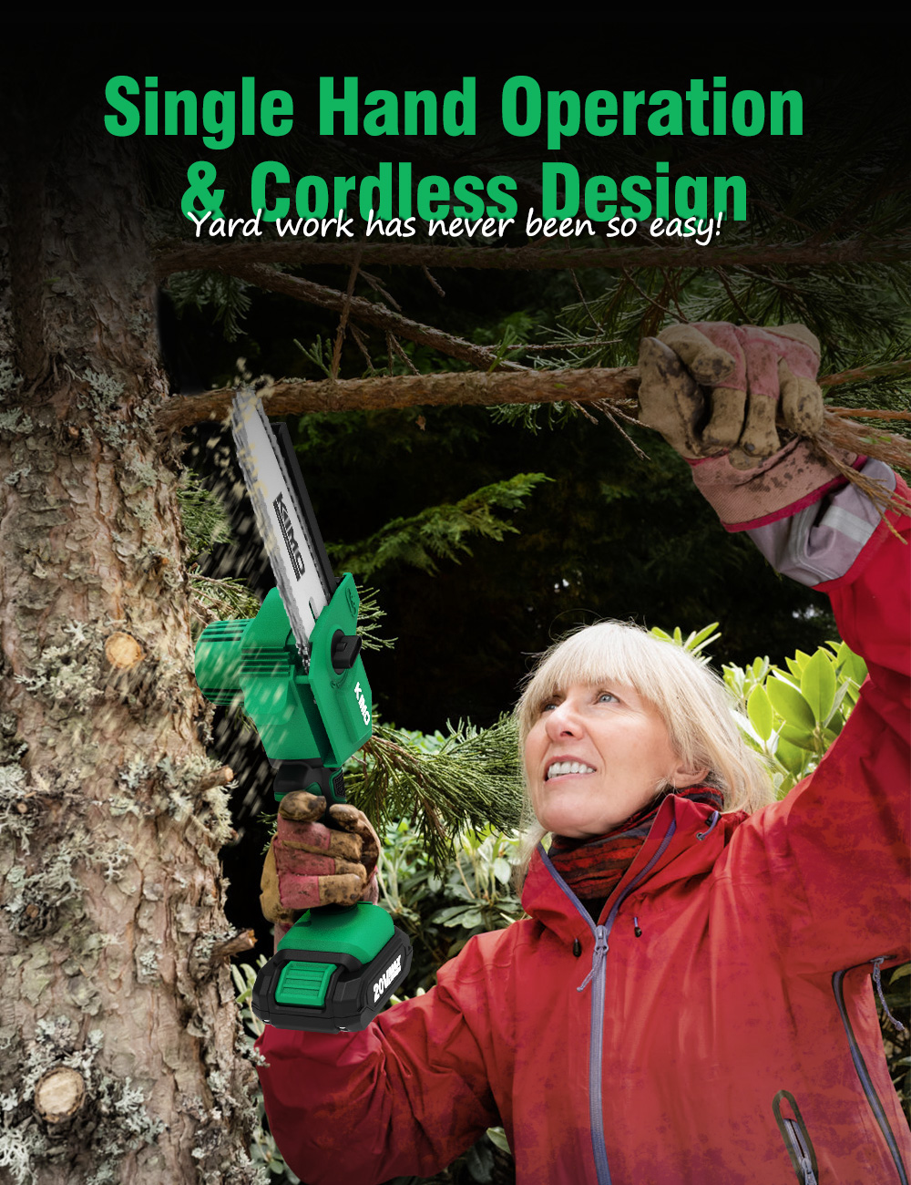 KIMO 4 inch Battery Powered - Cordless Chain Saw with/ 20V 2.0Ah Battery Charger. Handheld Portable Electric Chainsaw