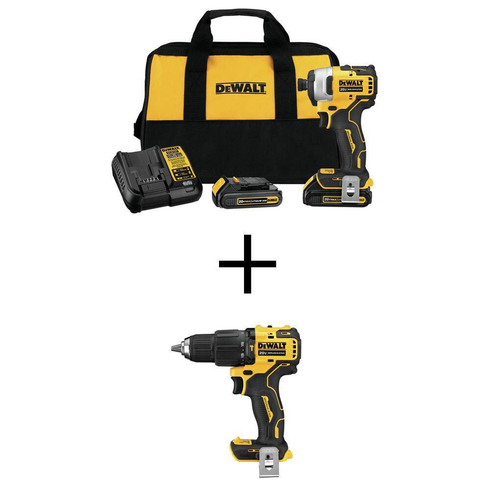 DEWALT DCF809C2WCD709B ATOMIC 20V MAX Cordless Brushless Compact 1/4 in. Impact Driver Kit and ATOMIC Brushless Compact 1/2 in. Hammer Drill