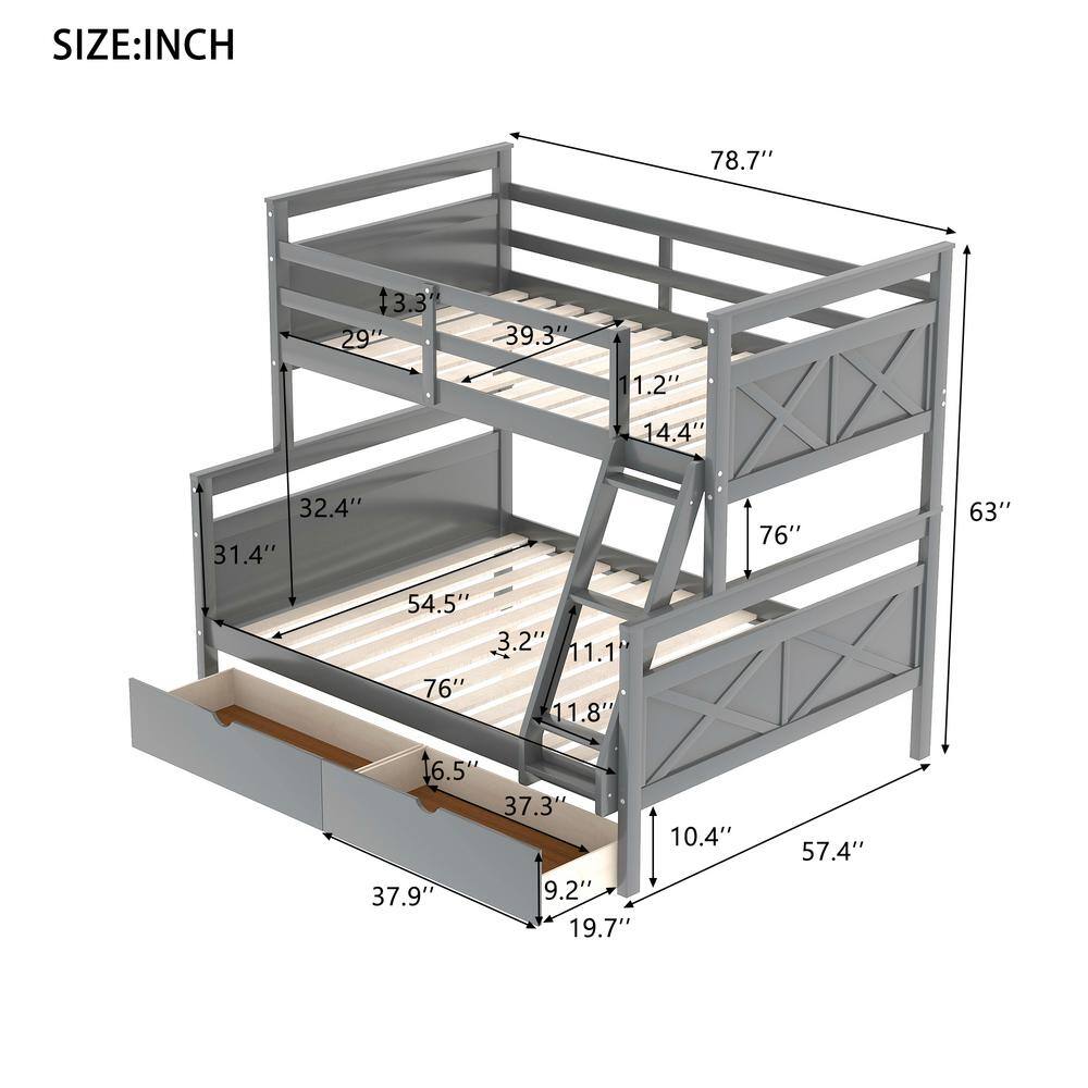 Harper & Bright Designs  Gray Twin Over Full Wood Bunk Bed with 2-Storage Drawers