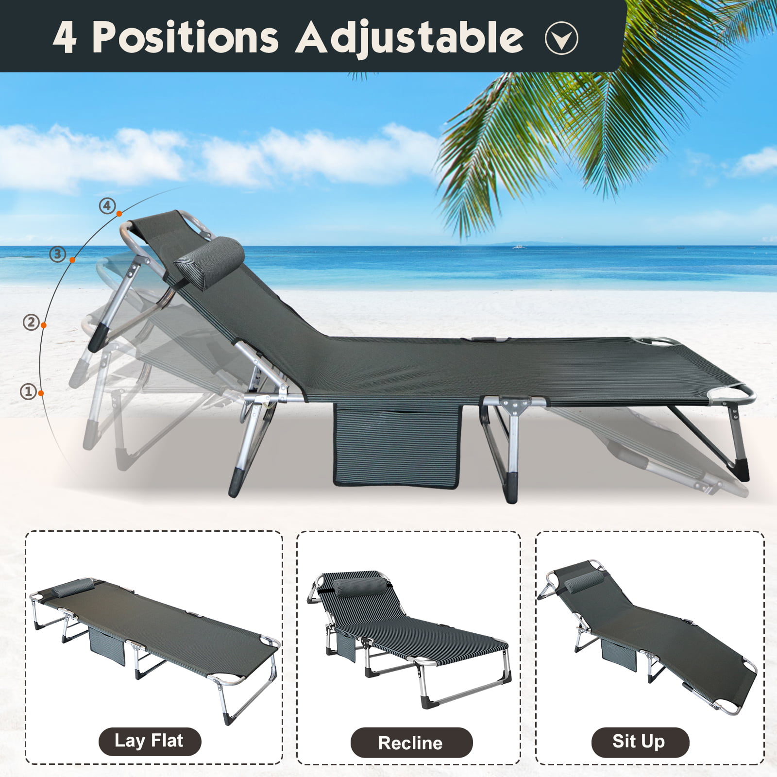 MOPHOTO 75″ Adult Camping Cot Folding Cot with Mattress. Outdoor Patio Adjustable 4-Position Folding Lounge Chair. Gray