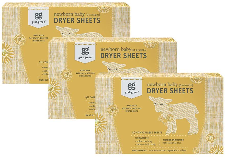 Grab Green Natural Newborn Baby Laundry Dryer Sheets. Essential Oils. 3ct