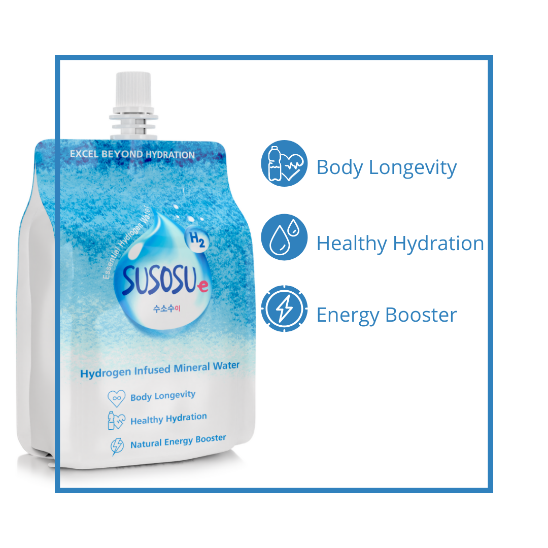 Susosu Water Hydrogen Infused Mineral Water 10.5 fl oz (Case of 10). Fully Functional Clean Mineral Water with 7.4 Balanced pH. Hydrating Hydrogen-Infused Drink with Antioxidants. BPA-Free and Eco-friendly Pouch