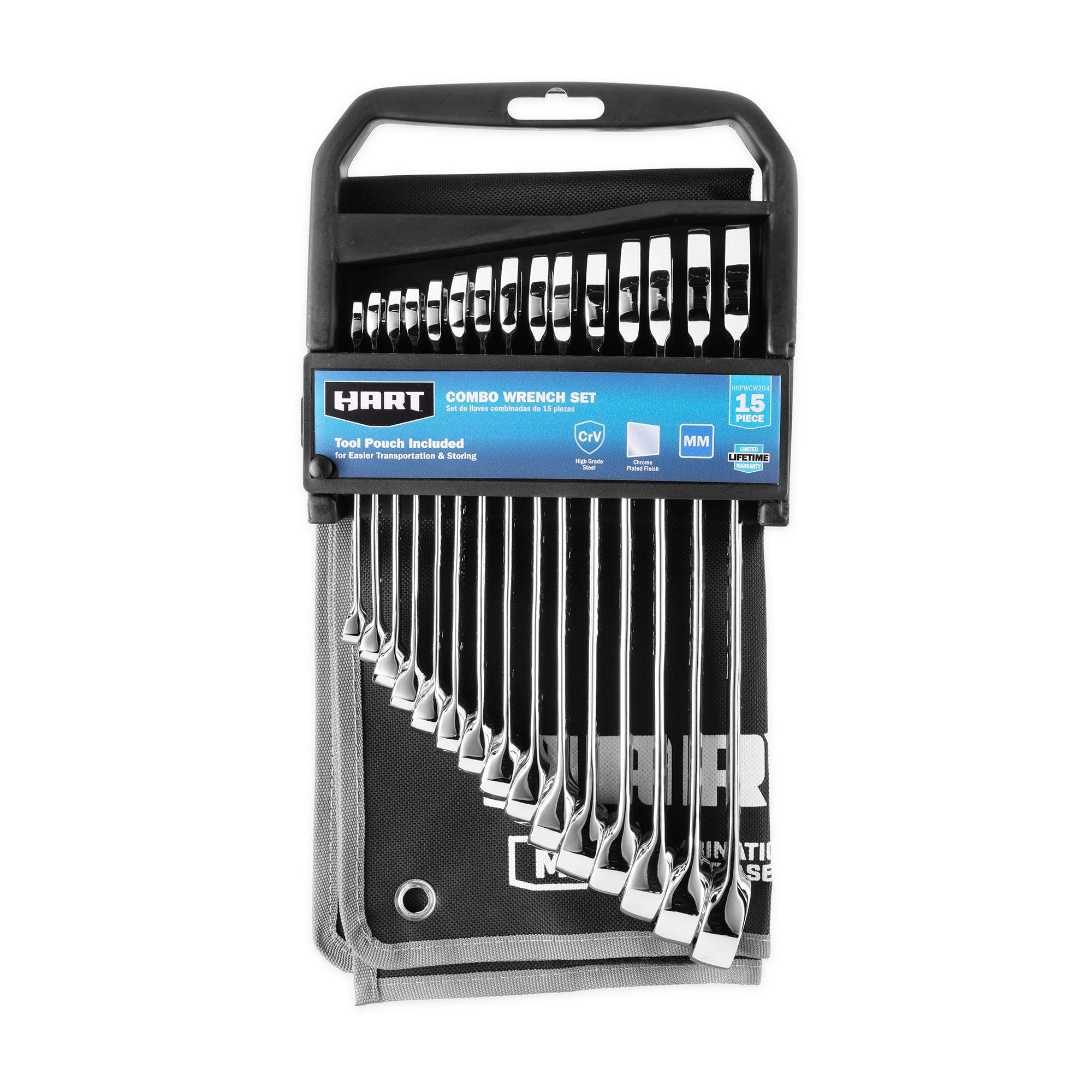 HART 15-Piece MM Combination Wrench Set with Tool Pouch. Chrome Finish. Sizes 8-22 mm