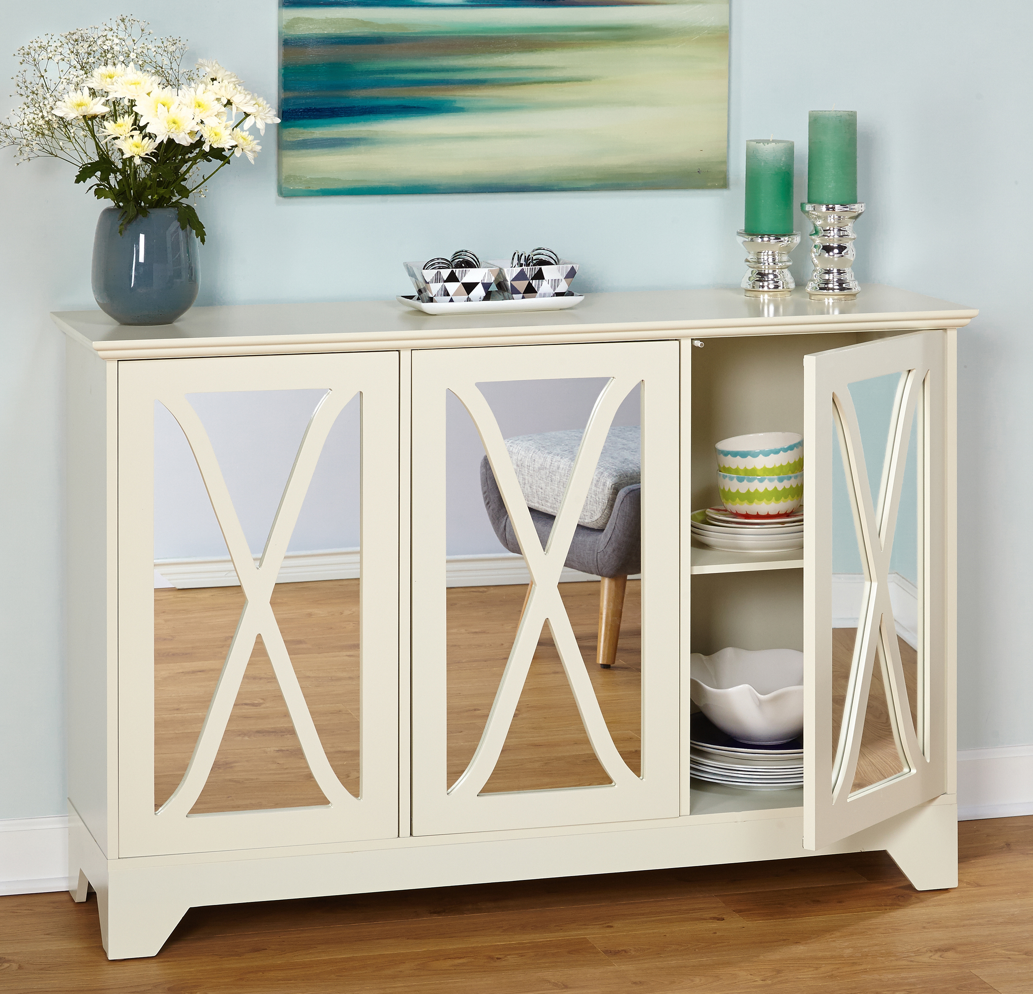 TMS Reflections Buffet Console with Mirrored Doors. Antique White