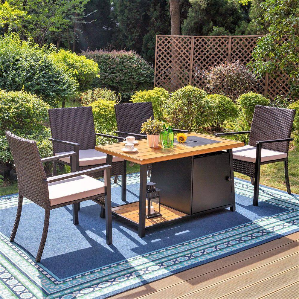 PHI VILLA  5-Piece Patio Fire Pit Set 4 Rattan Chairs with Beige Cushions
