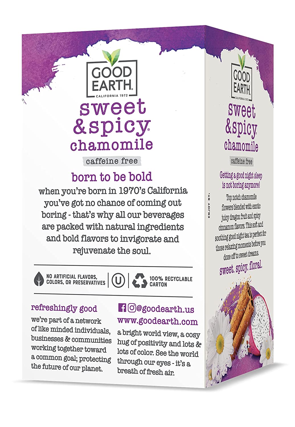 Good Earth Sweet & Spicy. Caffeine Free Chamomile Herbal Tea. 18 Bags 6 Pack