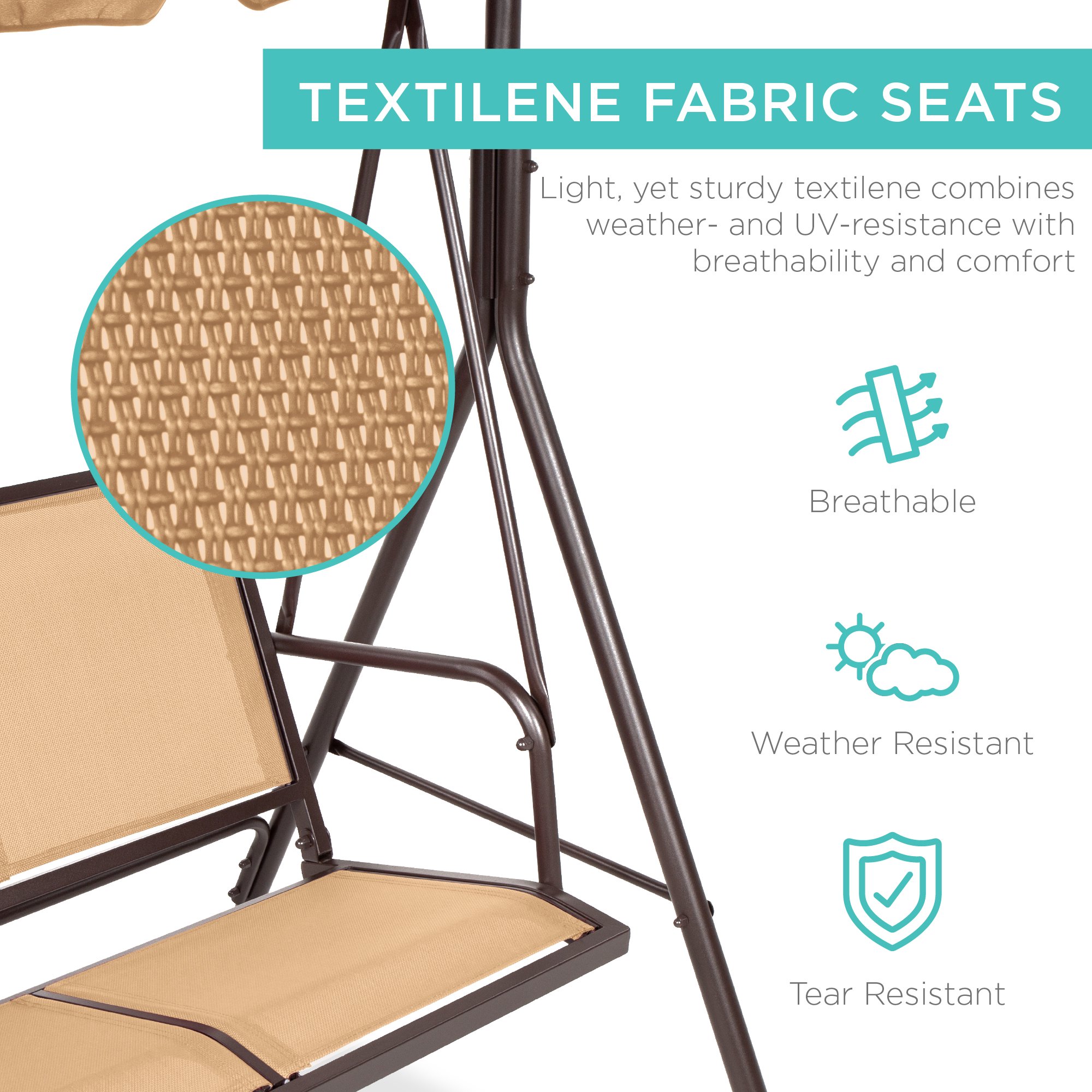 Best Choice Products 2-Seater Outdoor Adjustable Canopy Swing Glider Patio Bench w/ Textilene. Steel Frame - Tan