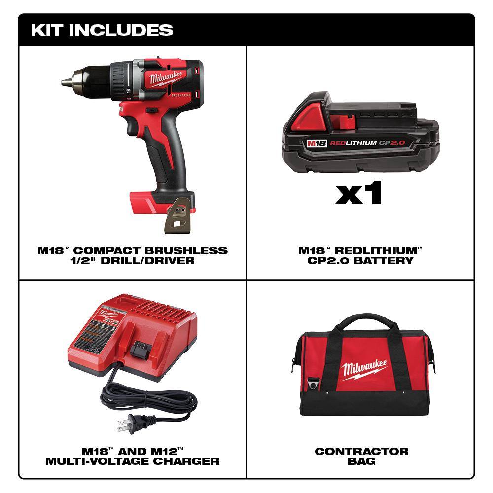 Milwaukee 2801-21P-48-89-4630 M18 18V Lithium-Ion Brushless Cordless 1/2 in. Compact Drill/Driver Kit with Titanium Drill Bit Set (15-Piece)