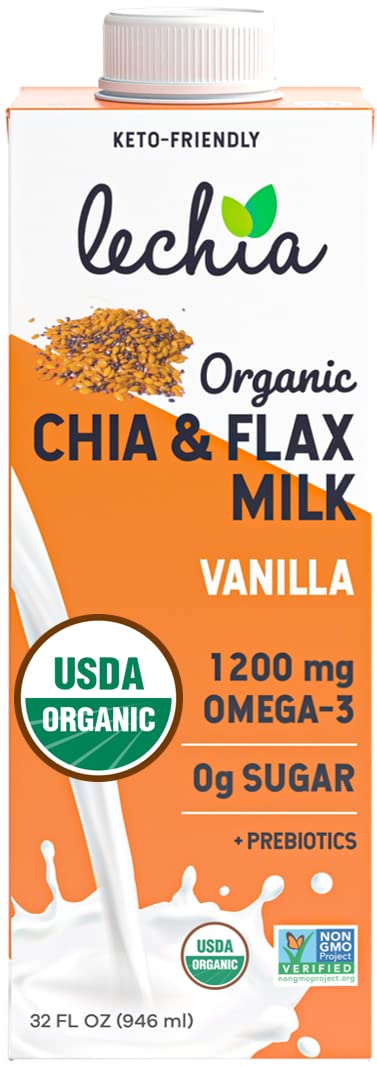 Lechia Organic Chia & Flax Milk Vanilla. 1200mg Omega-3. Plant-Based. Keto. 32oz (6 Pack)