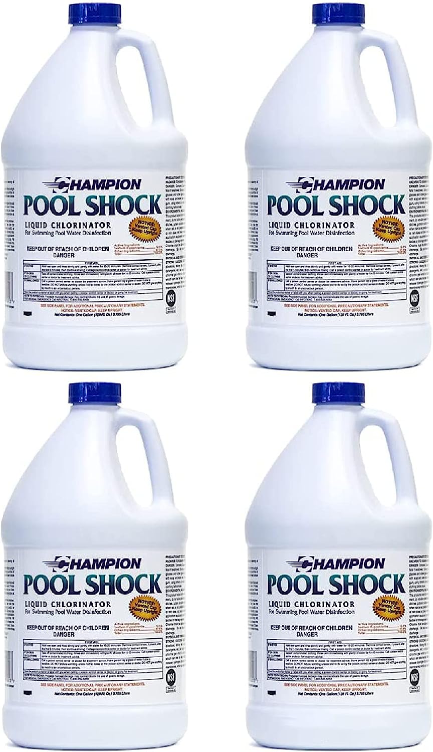 Champion Pool Shock - Ready to Use Liquid Chlorine - Commercial Grade 12.5% Concentrated Strength - 4 Gallon