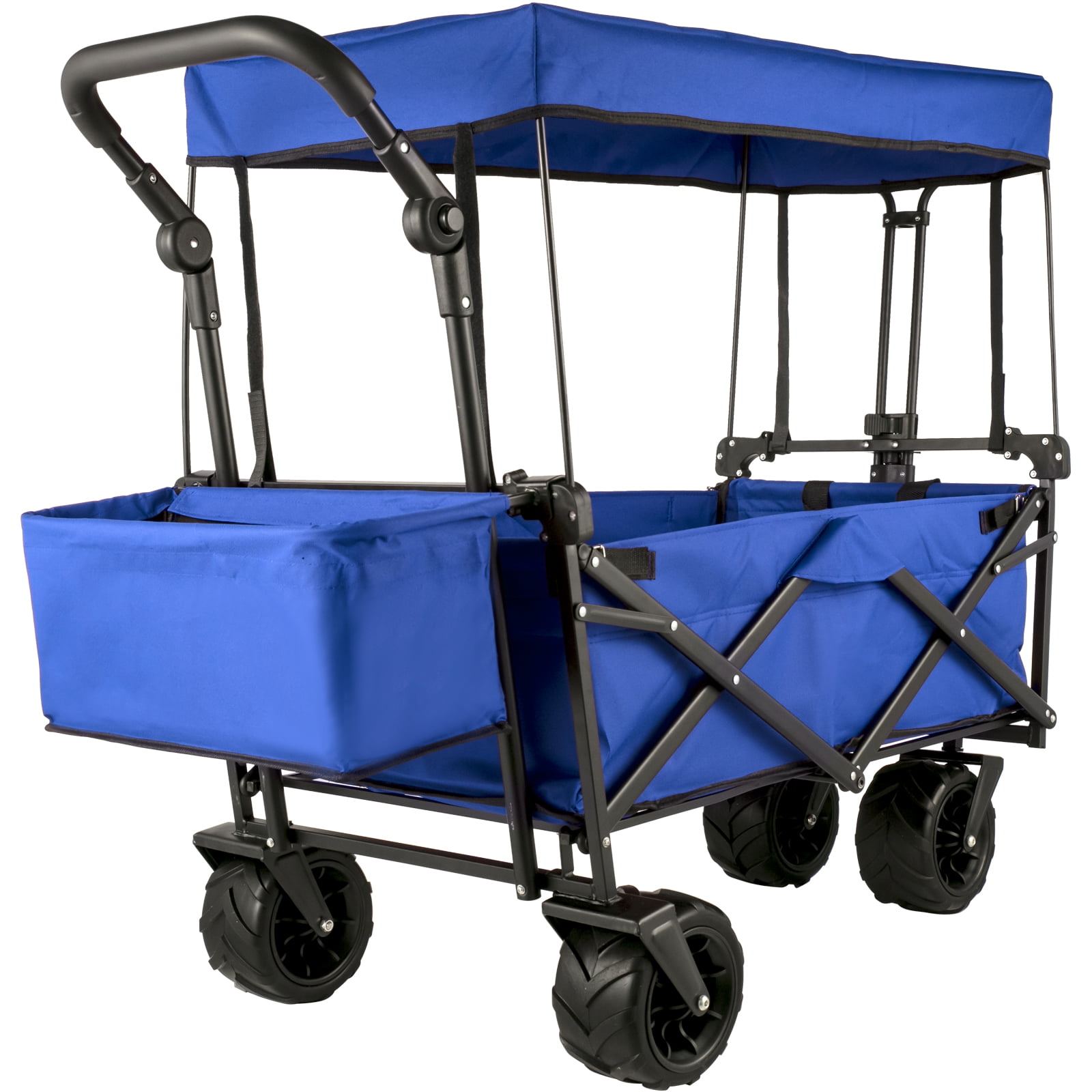VEVOR Collapsible Wagon Cart Blue. Foldable Wagon Cart Removable Canopy 600D Oxford Cloth. Collapsible Wagon Oversized Wheels. Portable Folding Wagon Adjustable Handles. Beach. Garden. Sports