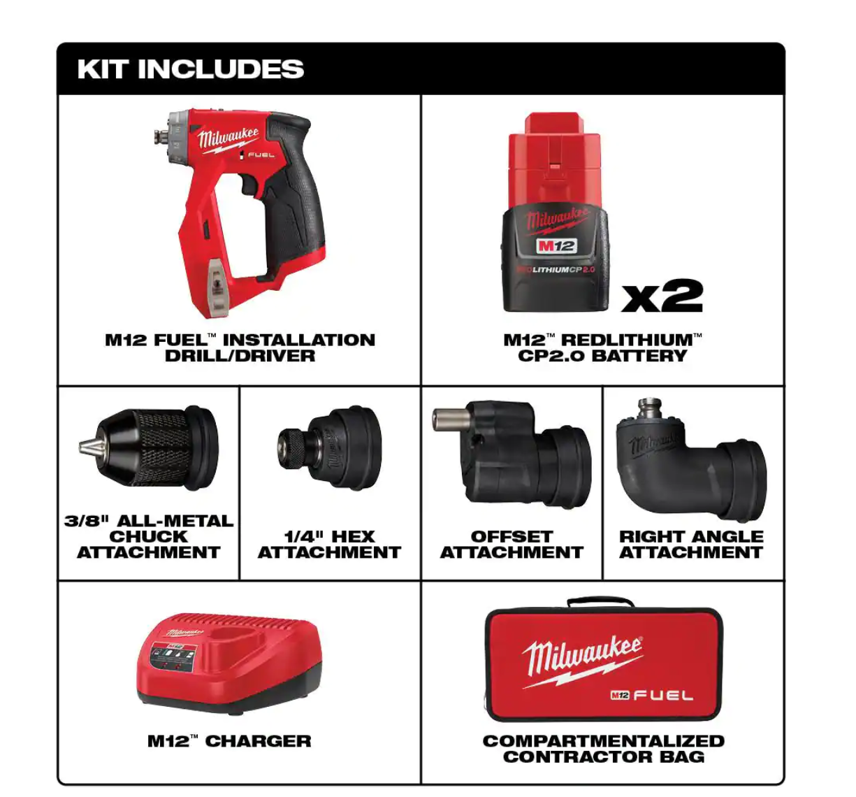 Milwaukee 2505-22 M12 FUEL 12-Volt Lithium-Ion Brushless Cordless 4-in-1 Installation 3/8 in. Drill Driver Kit with 4-Tool Heads