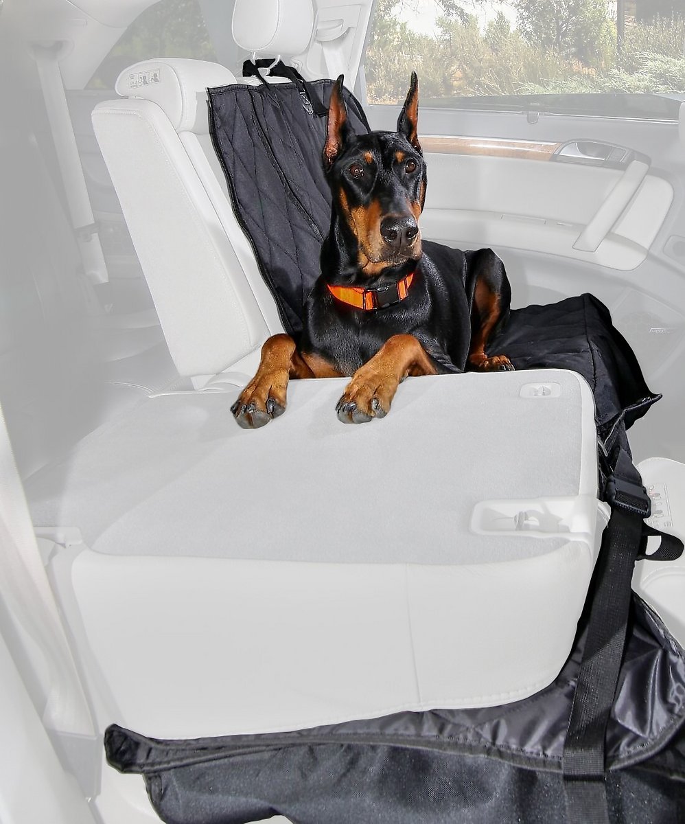 4Knines Dog Seat Cover Without Hammock for Fold Down Rear Bench Seat 60/40 Split and Middle Seat Belt Capable - Heavy Duty - Black Regular - Fits Most Cars. SUVs. and Small Trucks - USA Based Company