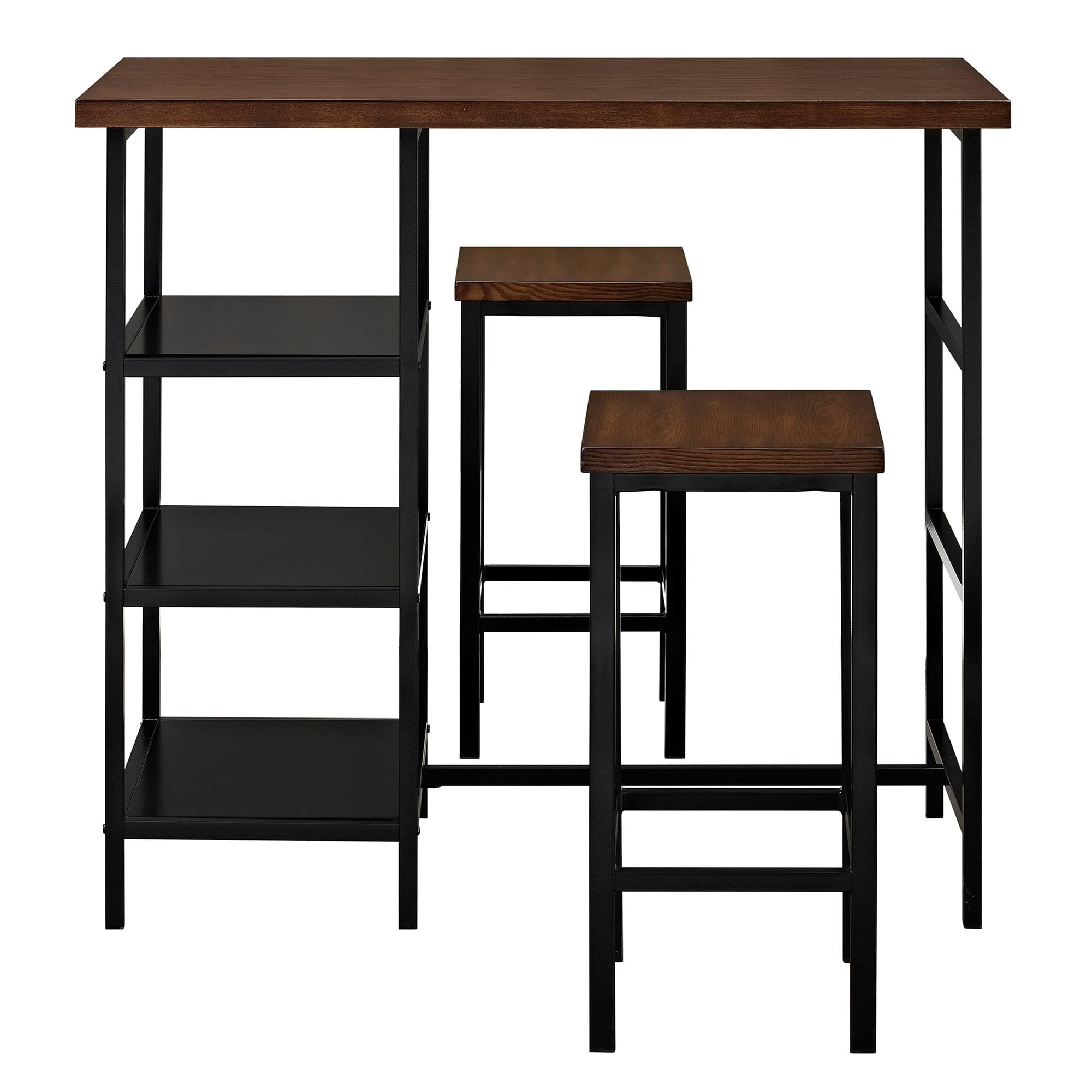 Mainstays 3-Piece Metal Pub Set With Wooden Top. Dark Mahogany