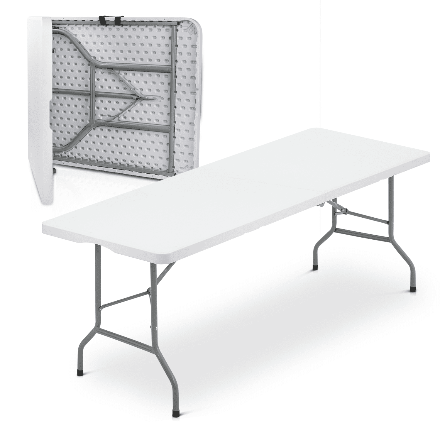 Magshion 8Ft Foldable Heavy Duty Table. Indoor Outdoor Portable Plastic Picnic Desk w/Steel Legs and Handle. White