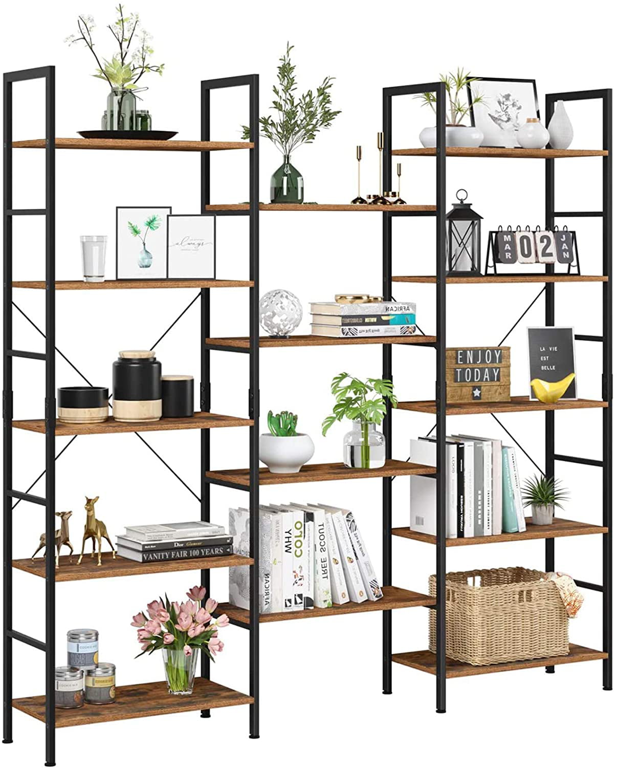 Homfa Triple Wide 5-Tier Display Bookcase. Large Industrial Wood Storage Shelf with Metal Frame for Living Room. Brown Finish