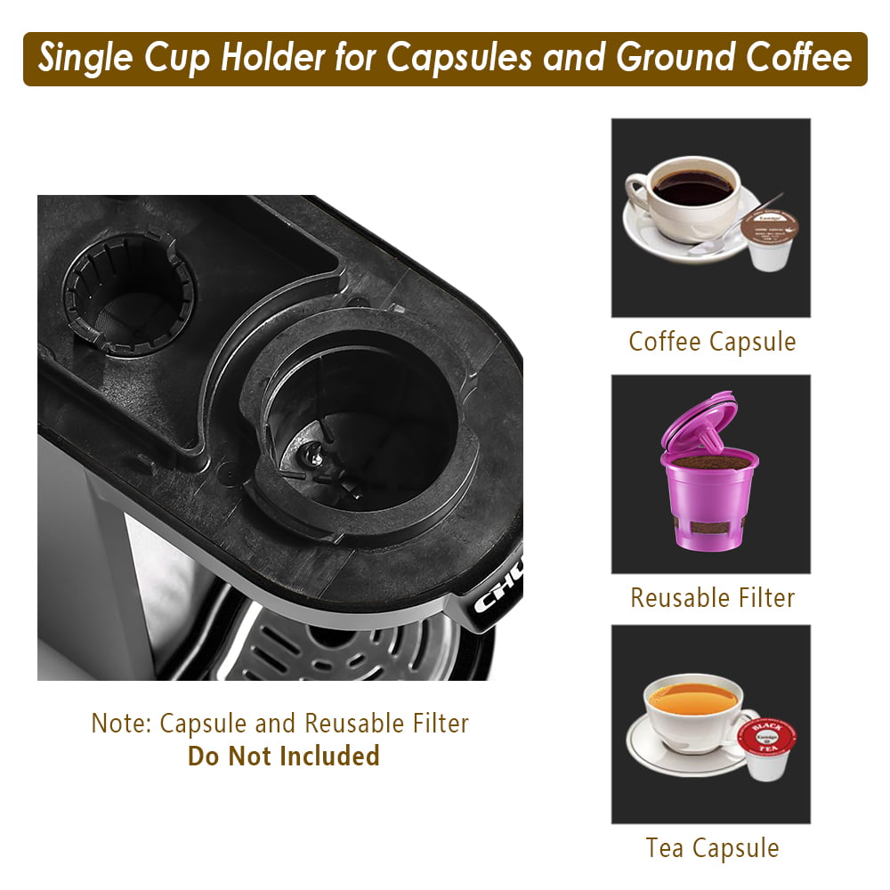 CHULUX Single Serve Coffee Maker. Travel Mini Coffee Brewer for K Cup Capsule and Coffee Powder with 5-12oz Built-in Water Tank. One Button Operation. Auto Shut Off