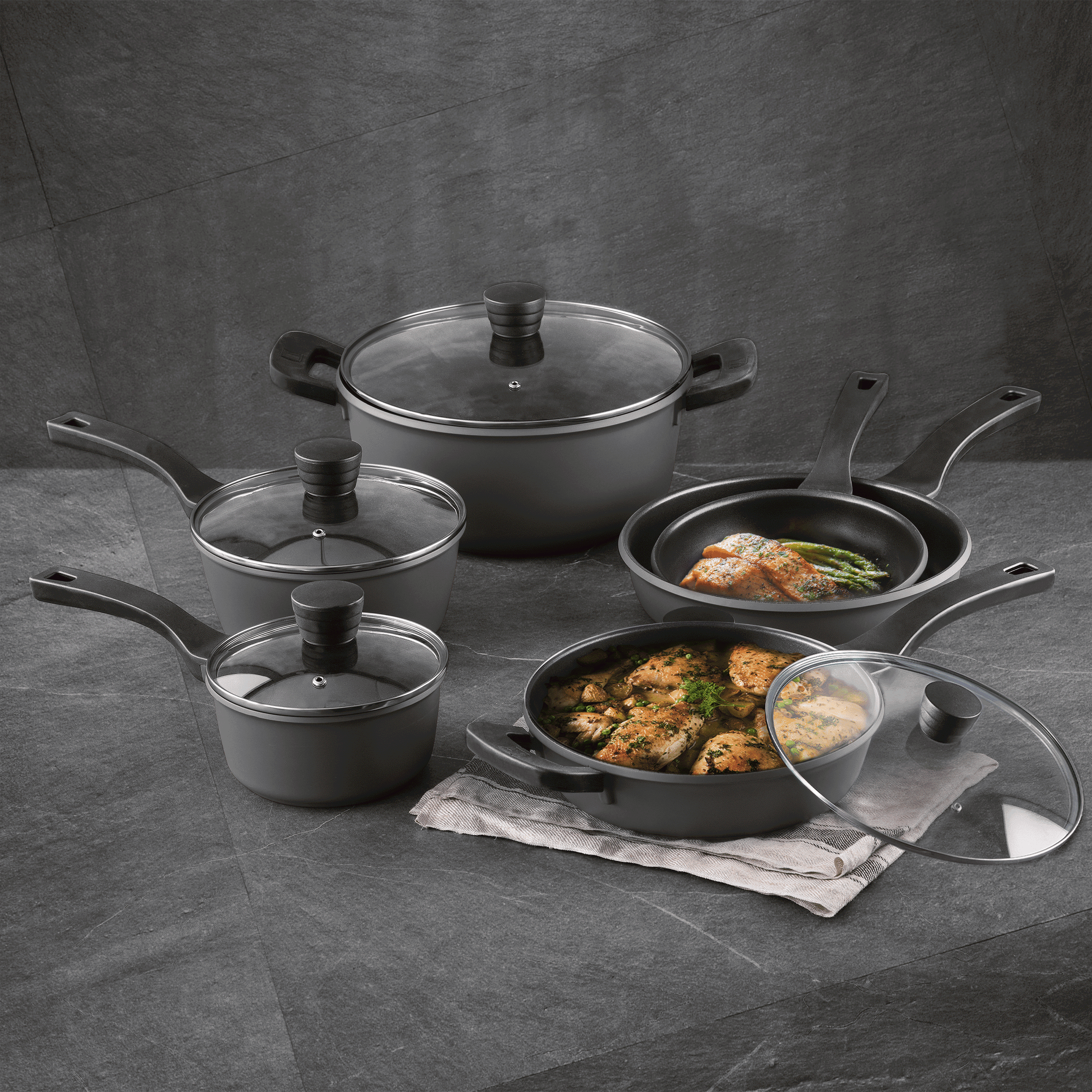 Bergner Retro Collection Cast Aluminum Nonstick Pots and Pans 10 Piece Cookware Set - Dark Gray