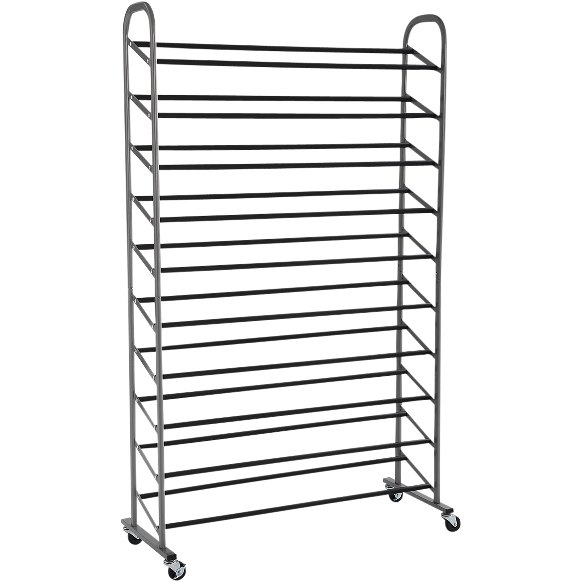 Mainstays 10-Tier Rolling Shoe Rack. Silver Finish. up to 30 Pair of Shoes