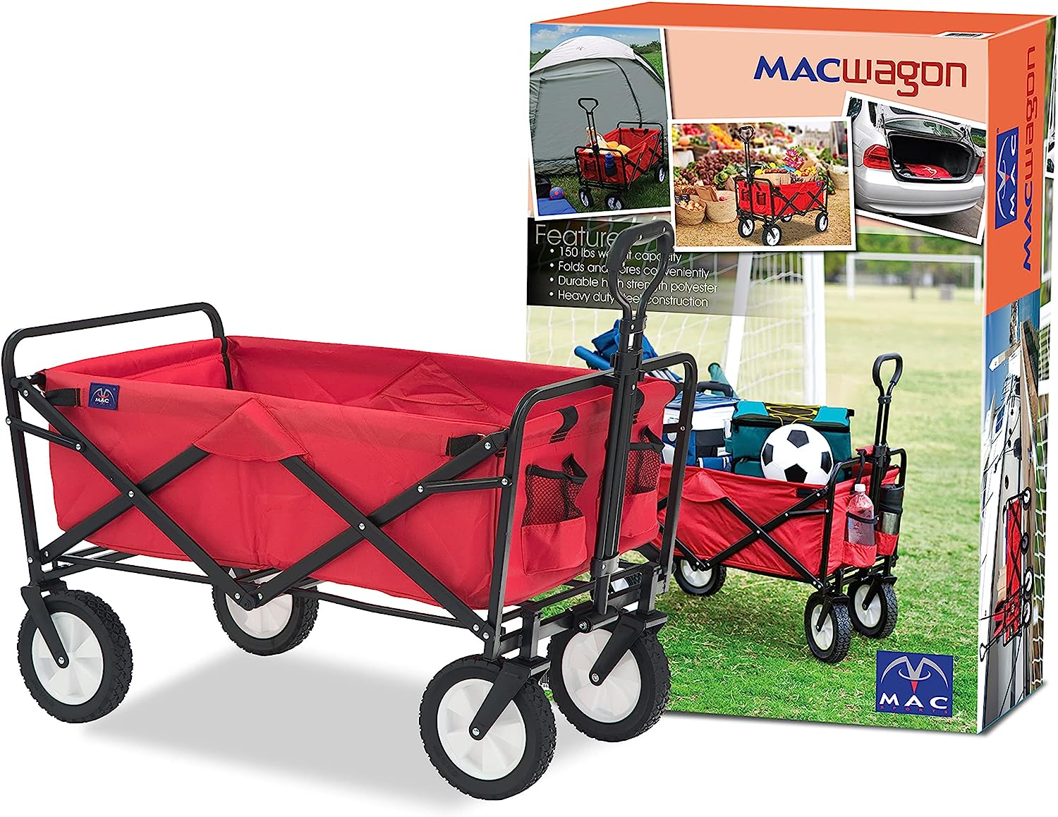 Mac Sports Heavy Duty Steel Frame Collapsible Folding 150 Pound Capacity Outdoor Camping Garden Utility Wagon Yard Cart. Red