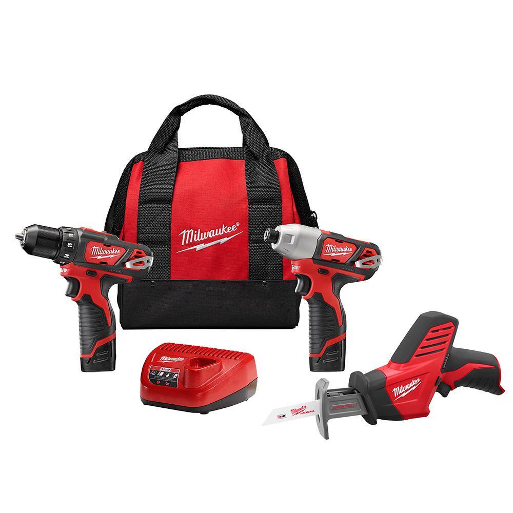 Milwaukee 2498-23 M12 12V Lithium-Ion Cordless Combo Tool Kit (3-Tool) w/(2) 1.5Ah Batteries. (1) Charger. (1) Tool Bag
