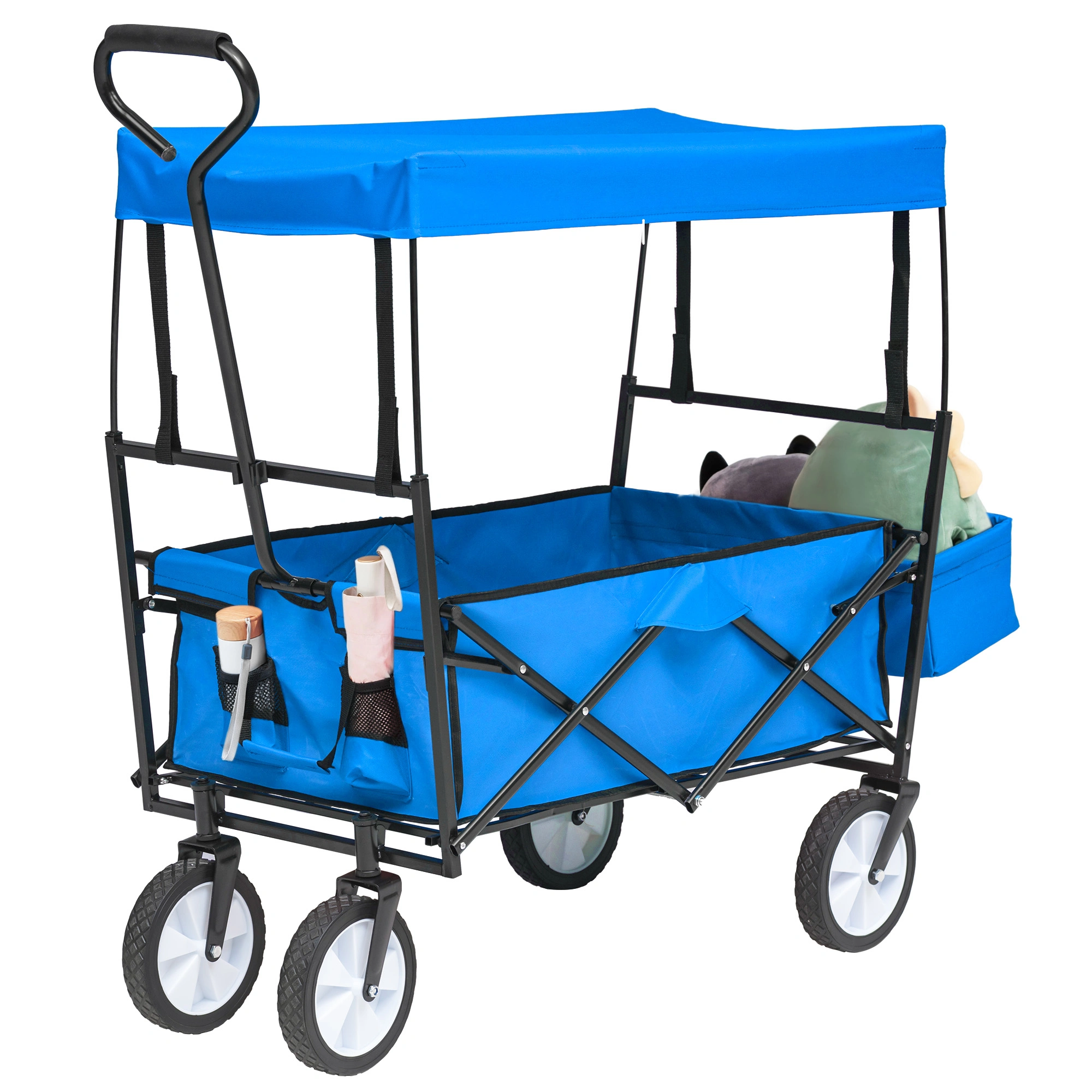 Collapsible Wagon Folding Cart with Canopy Beach Garden Outdoor Sport Utility Cart Wheels Adjustable Handle Rear Storage. Blue 49.2 x 20.5 x 45.27 inches