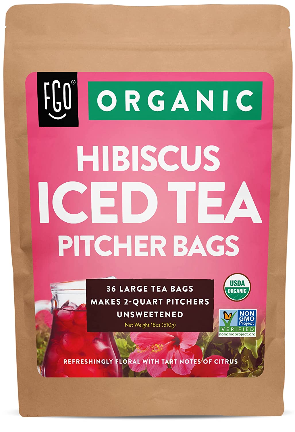 FGO Organic Hibiscus Iced Tea Bags 36 Pitcher Bags Eco-Conscious Tea Bags in Kraft Bag