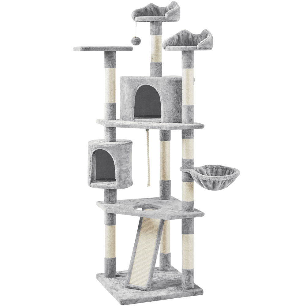 Easyfashion 79″ Multilevel Cat Tree Tower with Scratching Posts. Light Gray