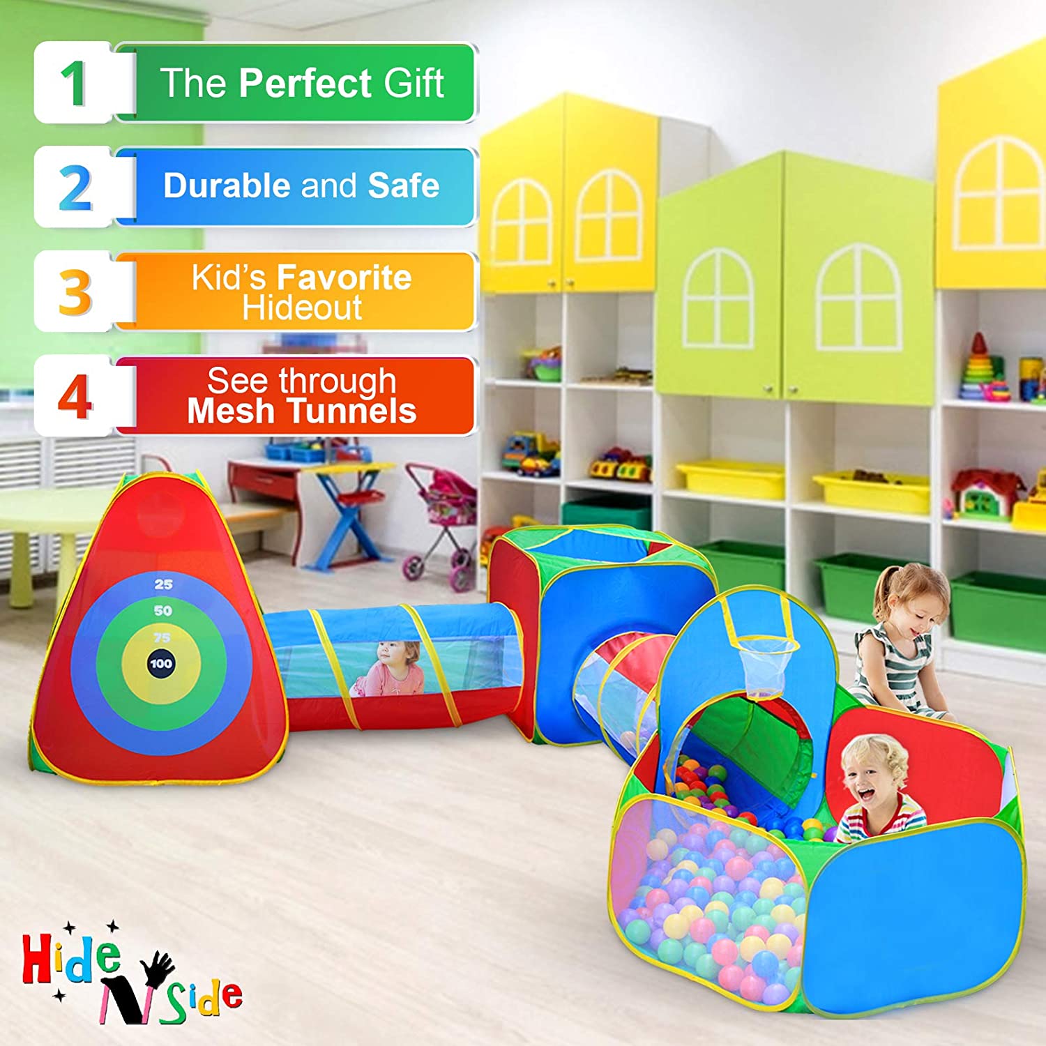 Hide N Side 5pc Kids Ball Pit Tents and Tunnels. Toddler Jungle Gym Play Tent with Play Crawl Tunnel Toy. for Boys Babies Infants Children. Indoor Outdoor Gift. Target Game w/ 4 Dart Balls