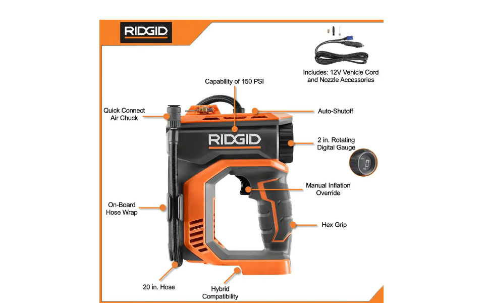 RIDGID R87044 18V Cordless Digital Inflator (Tool Only)