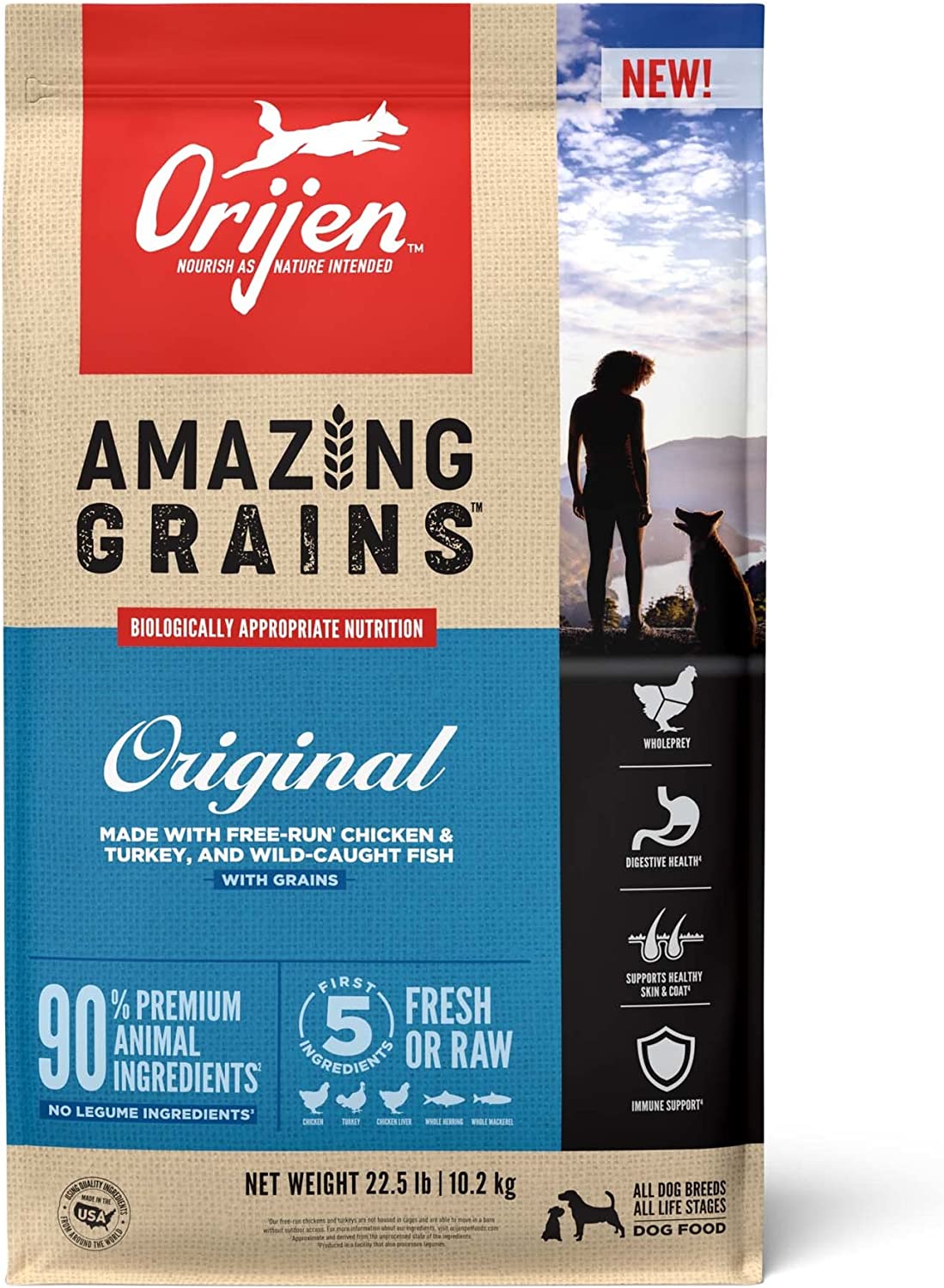 ORIJEN Amazing Grains Original High Protein Dry Dog Food. 4 Pound & 22.5 Pound.