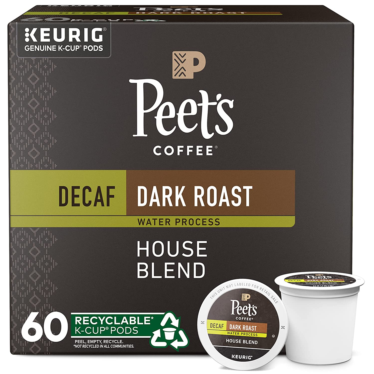 Peet-s Coffee Dark Roast Decaffeinated Coffee K-Cup Pods for Keurig Brewers - Decaf House Blend 60 Count (6 Boxes of 10 K-Cup Pods)