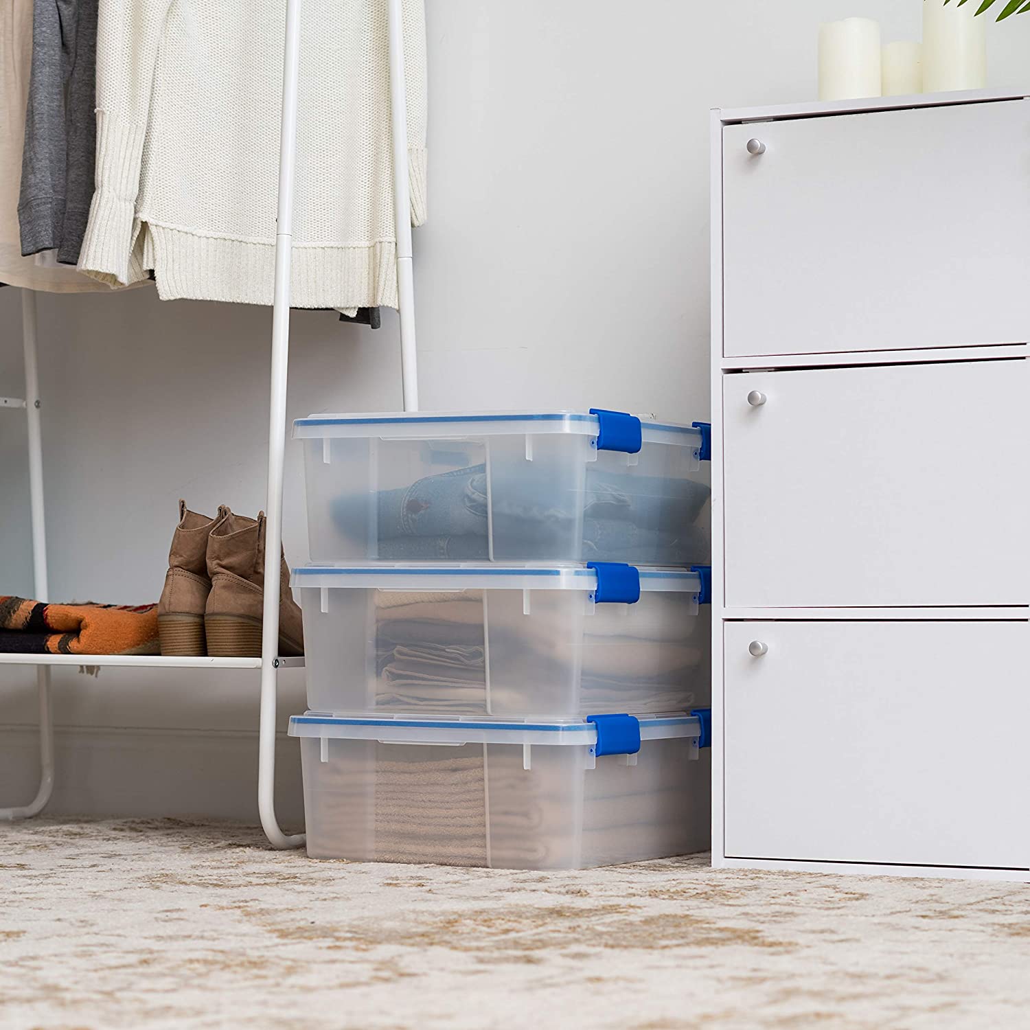 IRIS USA 26.5 Quart WEATHERPRO Plastic Storage Box with Durable Lid and Seal and Secure Latching Buckles. Clear With Blue Buckles. Weathertight. 3 Pack