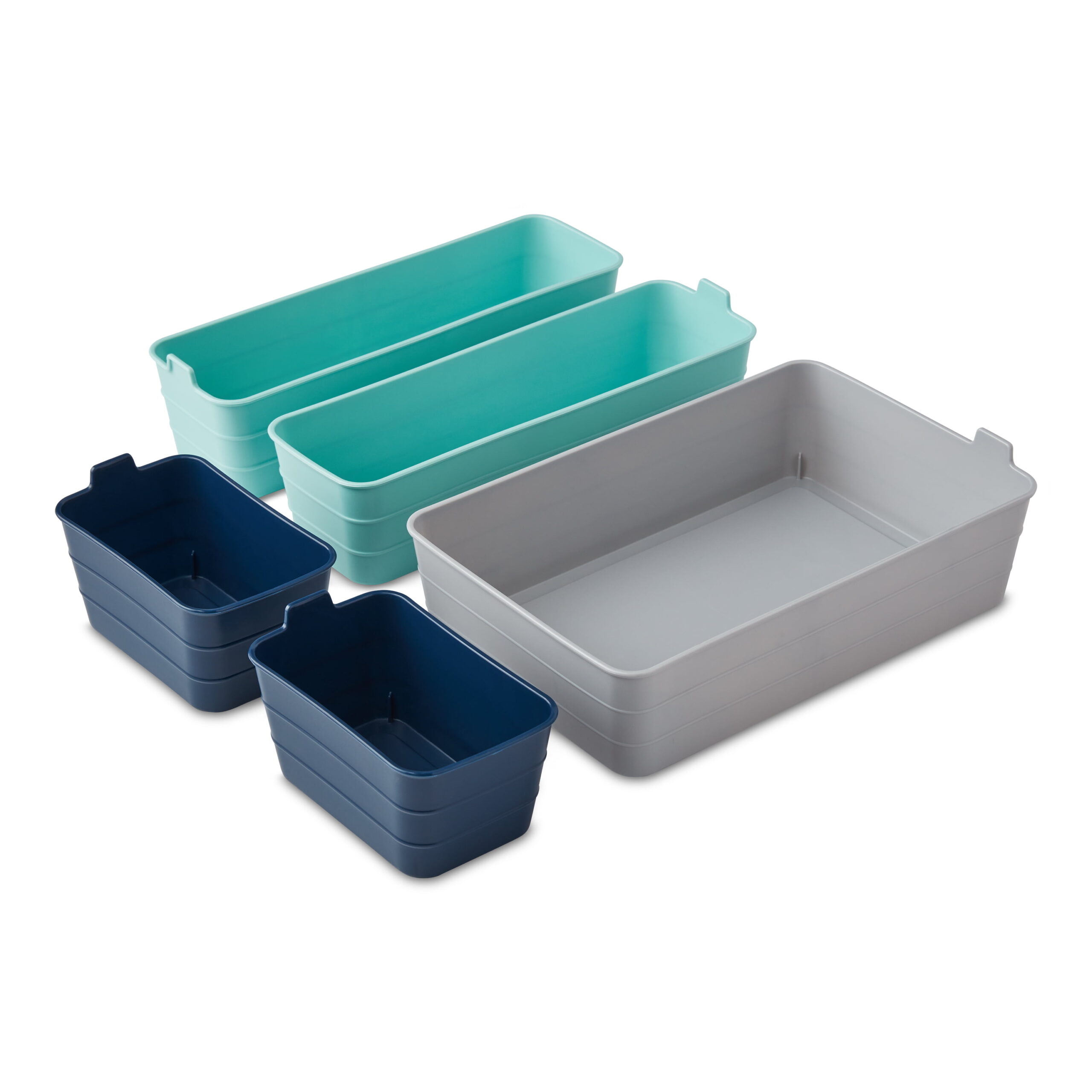 Mainstays Set of 5 Flexible Drawer Storage Organizers. Navy Teal Gray. Case of 6. 30 Piece
