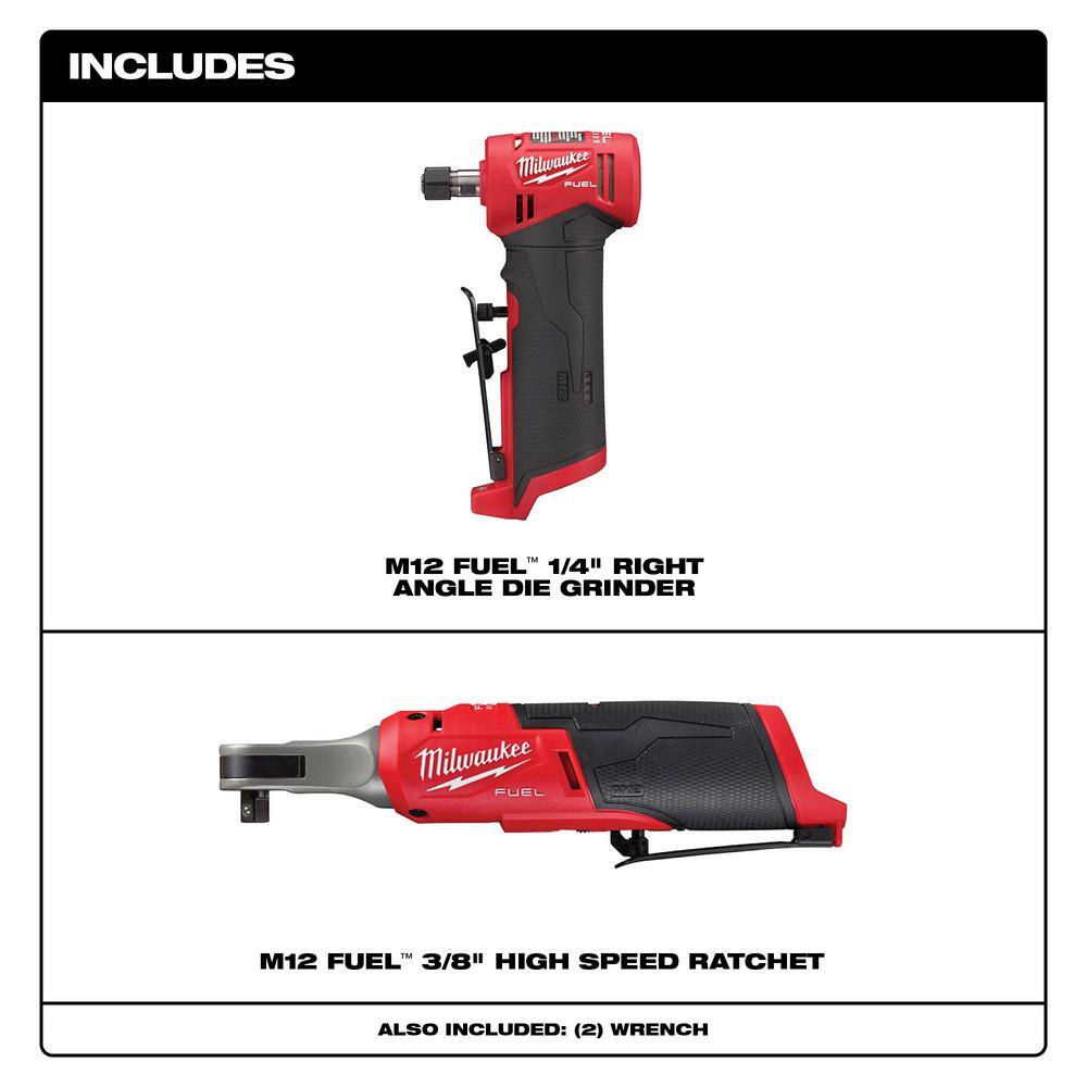 Milwaukee 2567-20-2485-20 M12 FUEL 12V Lithium-Ion Brushless Cordless High Speed 3/8 in. Ratchet w/ Brushless 1/4 in. Right Angle Die Grinder