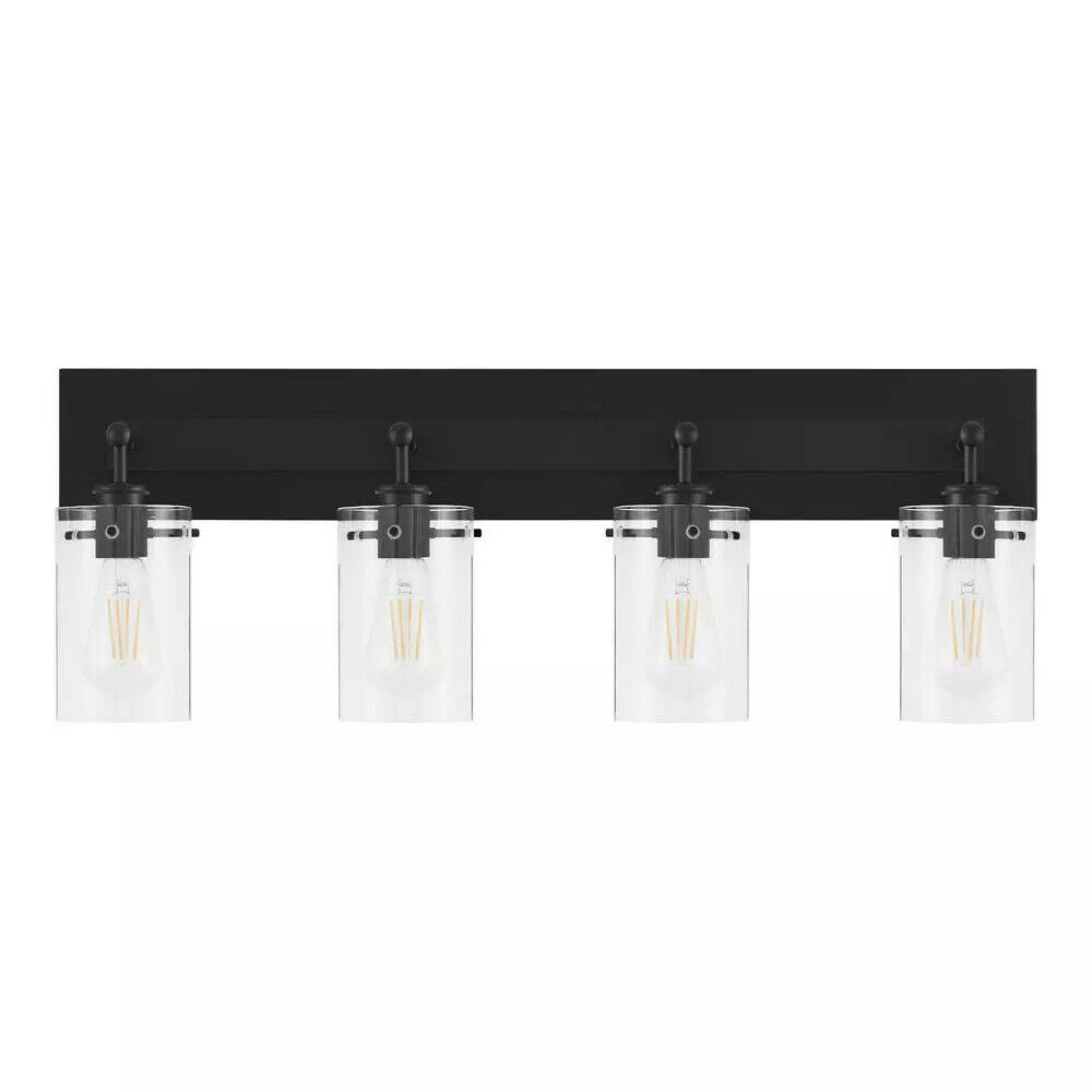 Hampton Bay Regan 29.25 in. 4-Light Matte Black Bathroom Vanity Light with Clear Glass Shades